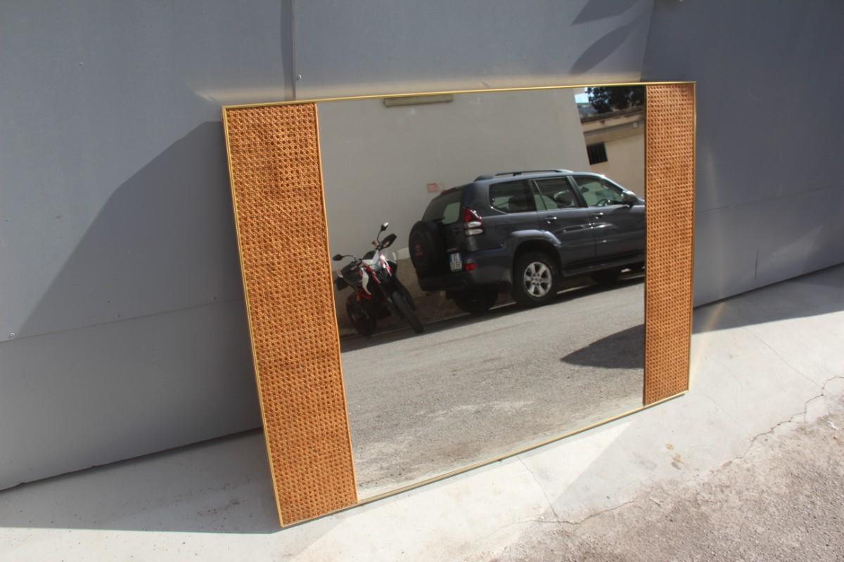 Mid-Century Modern Rectangular Italian Mirror with Vienna Straw 1950s Design Golden Aluminum Frame
