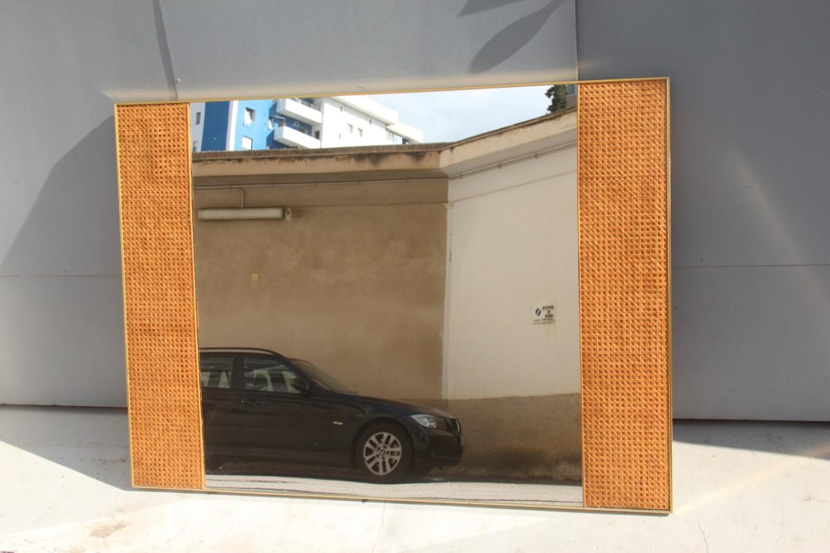 Rectangular Italian Mirror with Vienna Straw 1950s Design Golden Aluminum Frame 4