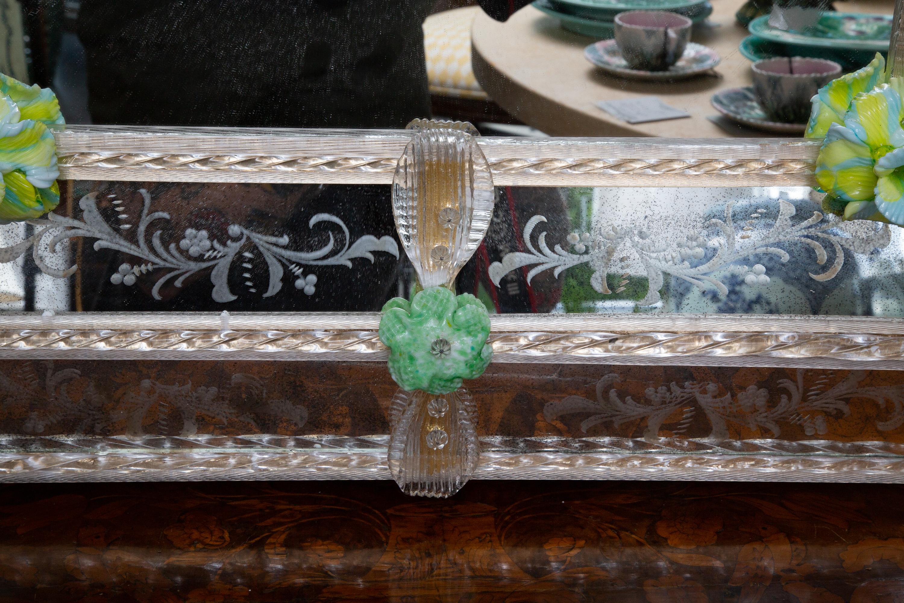 Hand-Crafted Rectangular Italian Murano Mirror with Glass Flower Heads