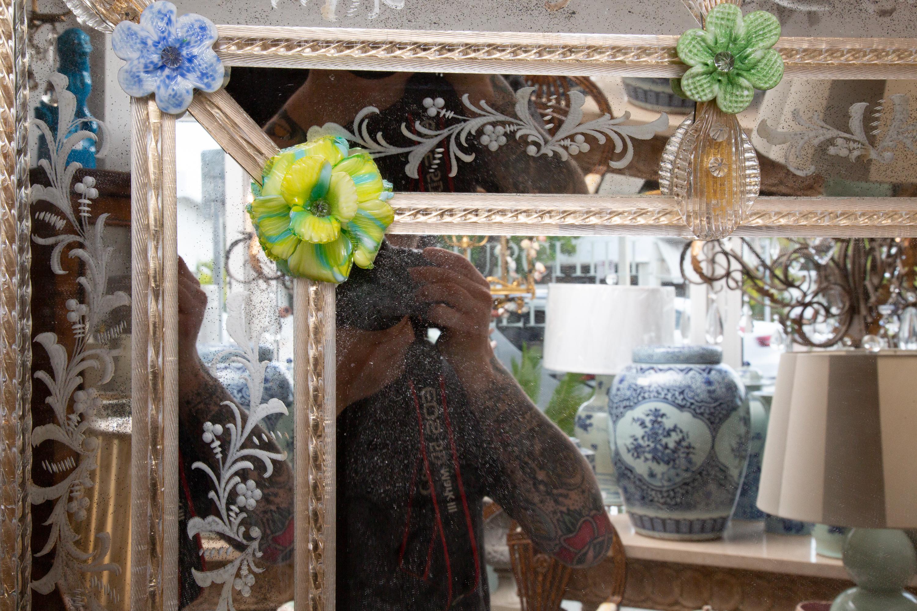 20th Century Rectangular Italian Murano Mirror with Glass Flower Heads
