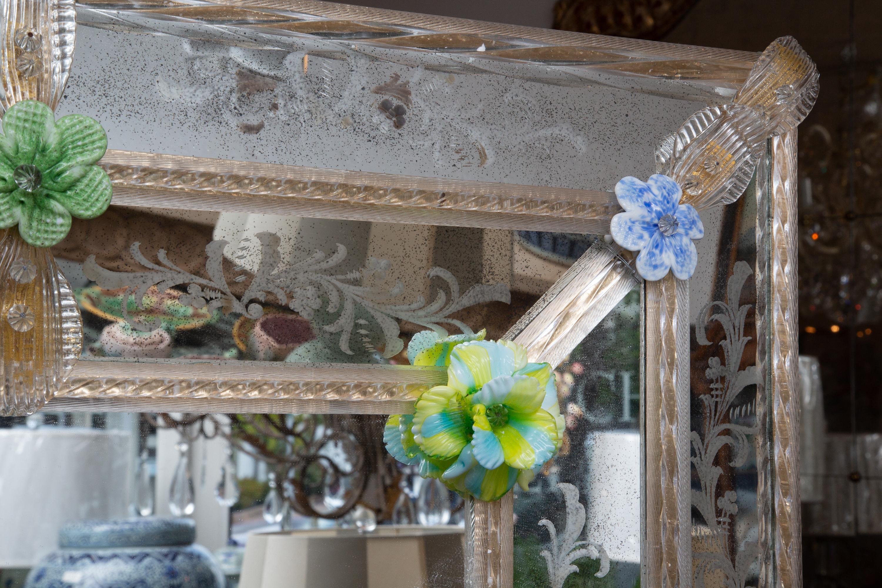 Rectangular Italian Murano Mirror with Glass Flower Heads 1