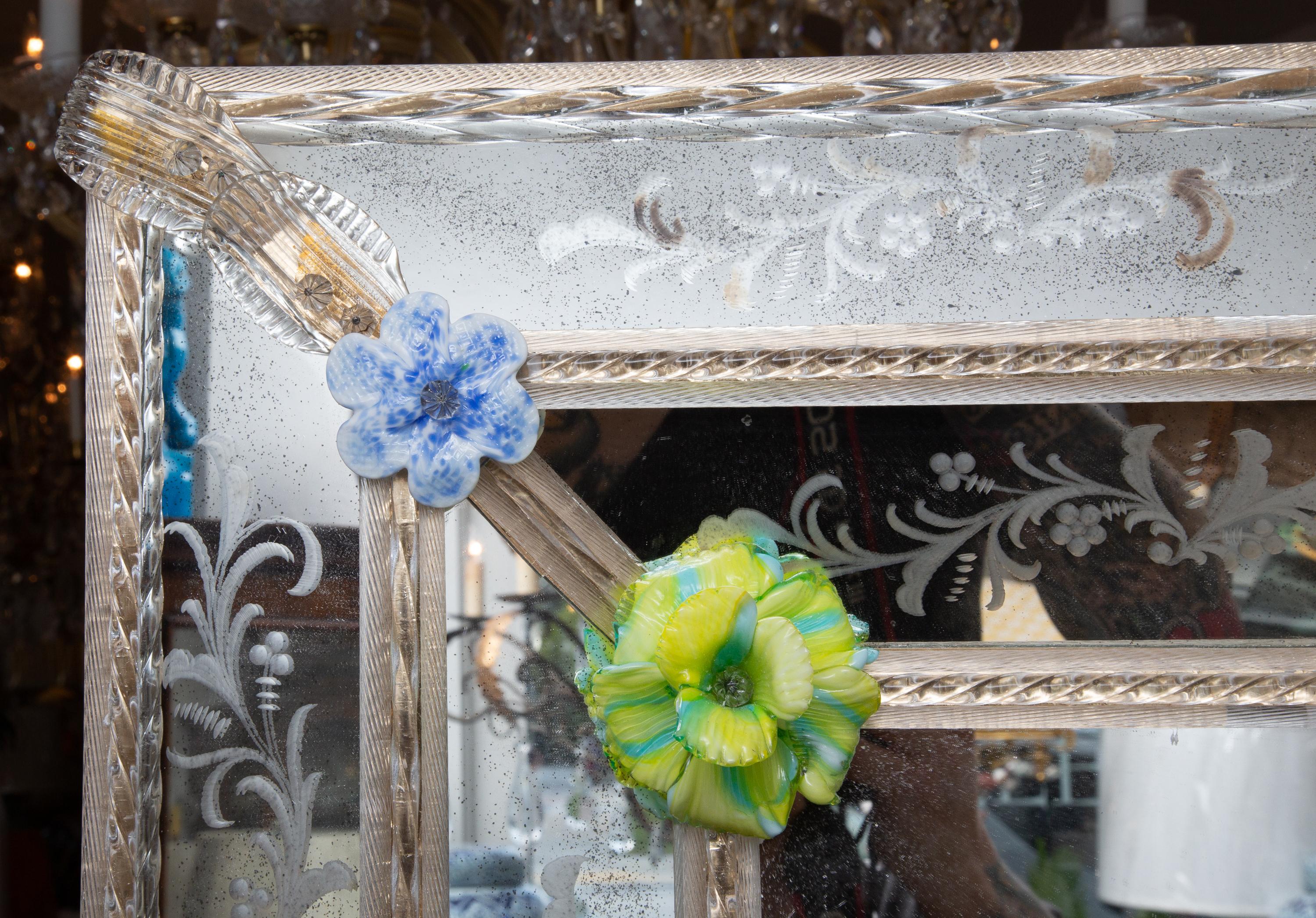 Rectangular Italian Murano Mirror with Glass Flower Heads 2