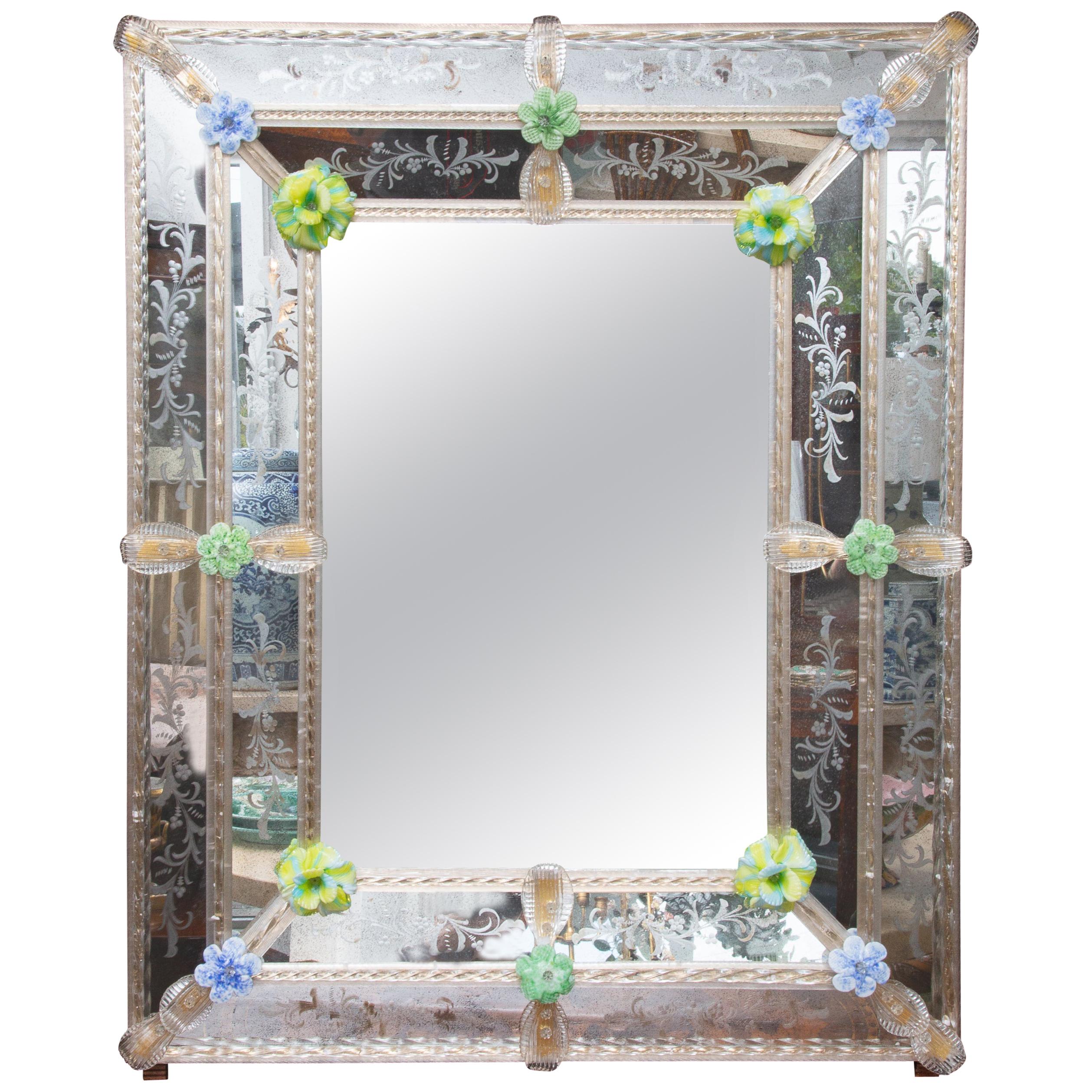 Rectangular Italian Murano Mirror with Glass Flower Heads