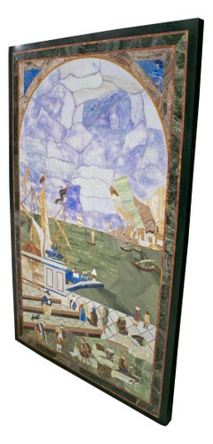 Rectangular Italian Pietra Dura Mosaic Inlay Stone Table Top with Marina Scene