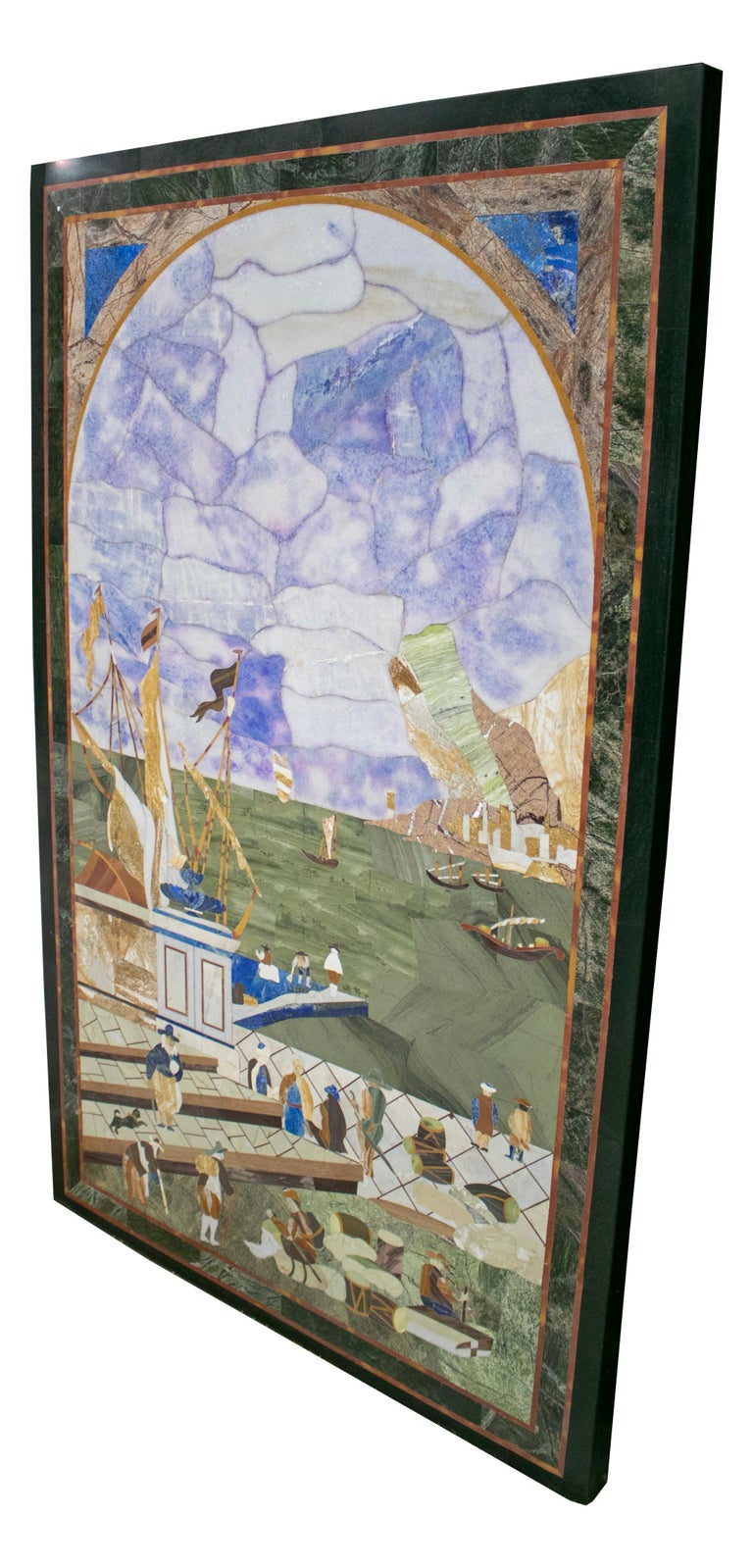 Rectangular mosaic table top with marina scene drawn using Italian Piaetra Dura inlay, including blue lapis lazuli and other semiprecious stones and marbles.