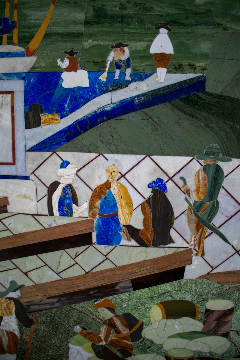 Rectangular Italian Pietra Dura Mosaic Inlay Stone Table Top with Marina Scene For Sale 3