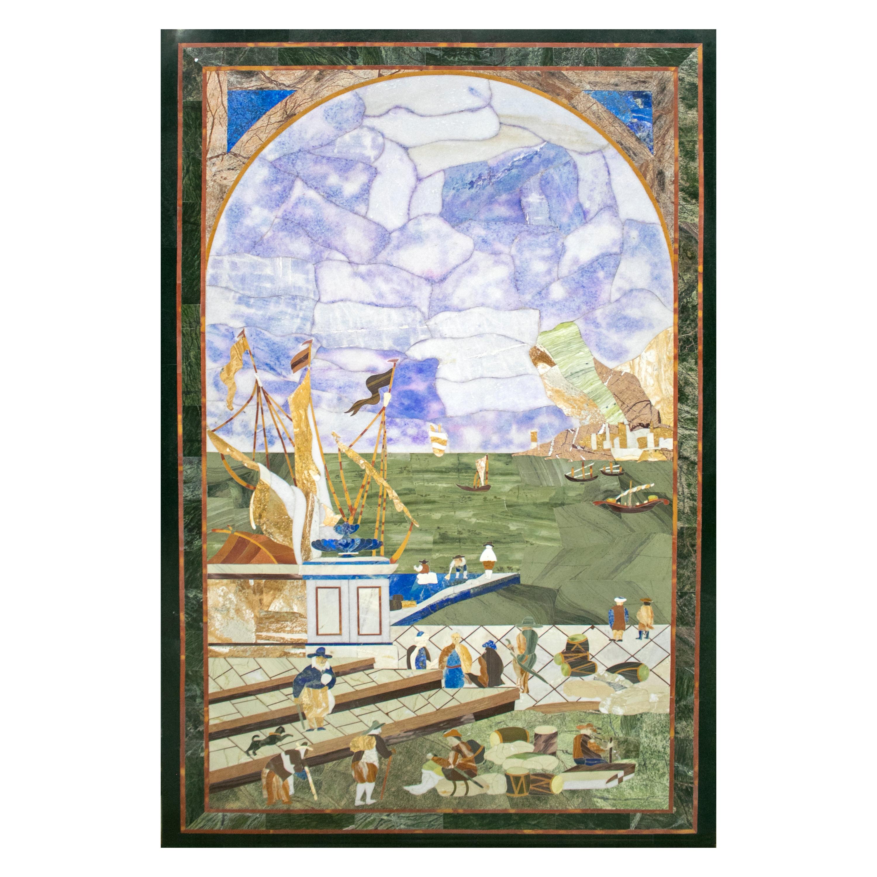 Table rectangulaire italienne en pierre incrustée de mosaïque Pietra Dura avec scène de Marina