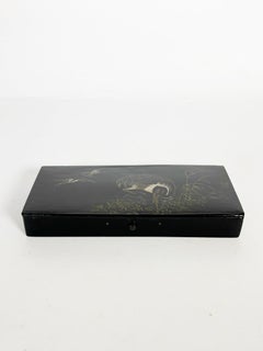 Rectangular Japanese Papier-Mâché Box with Hand-Painted Decorations, Japan, 19th