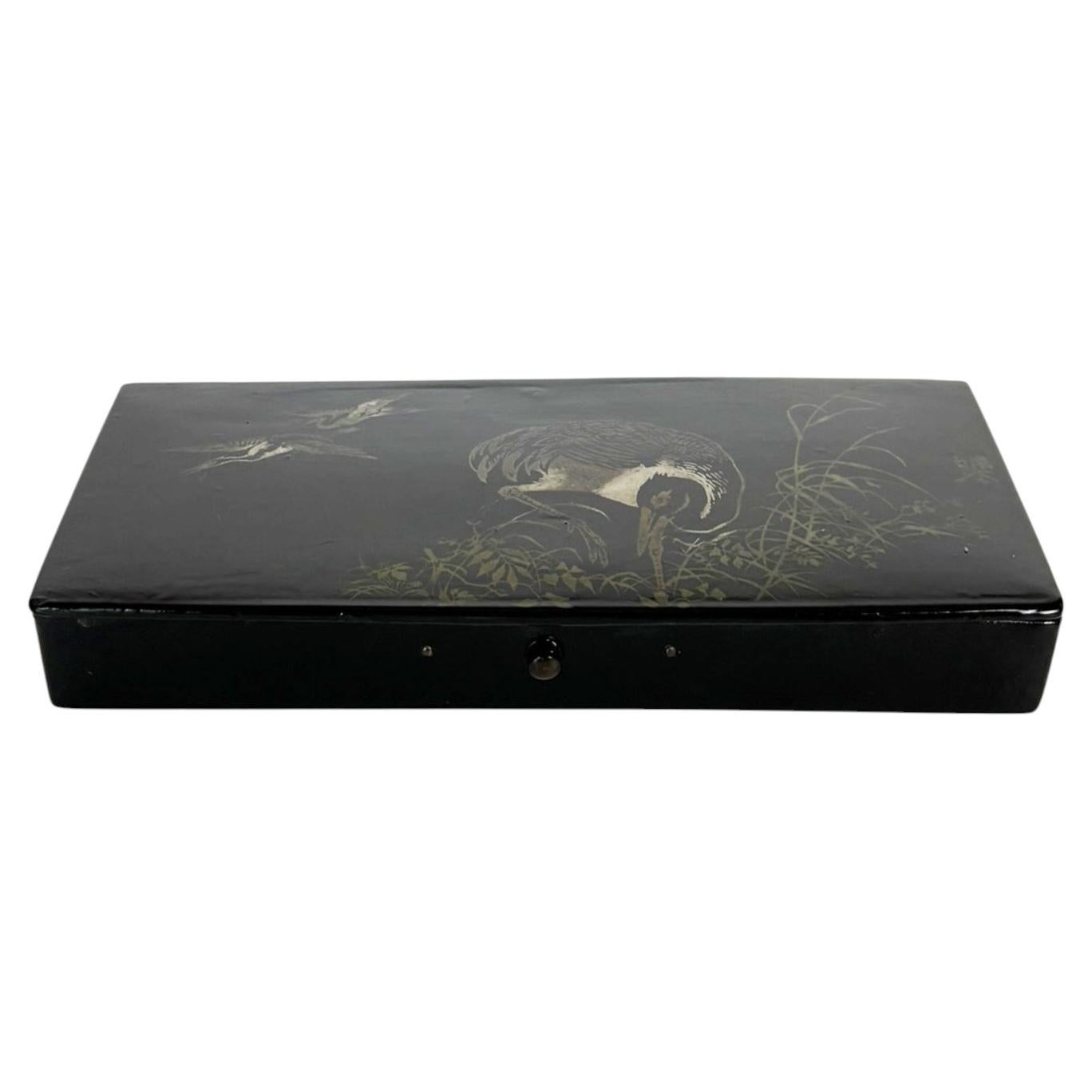 Rectangular Japanese Papier-Mâché Box with Hand-Painted Decorations, Japan, 19th