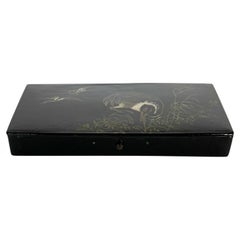 Rectangular Japanese Papier-Mâché Box with Hand-Painted Decorations, Japan, 19th