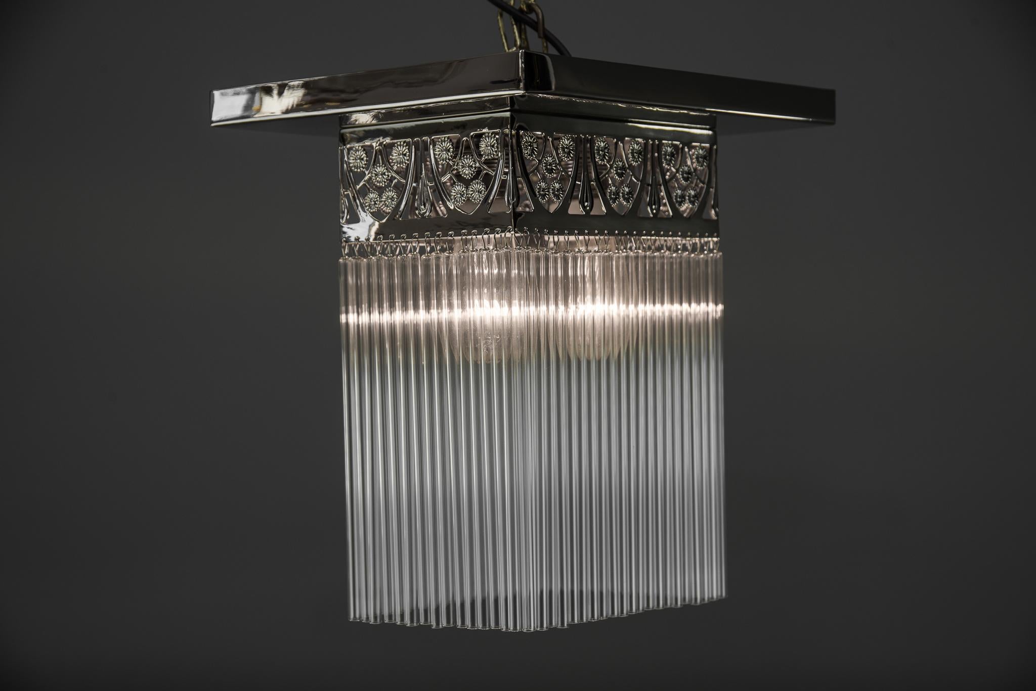 Rectangular Jugendstil Nickel-Plated Ceiling Lamp with Glass Sticks 3