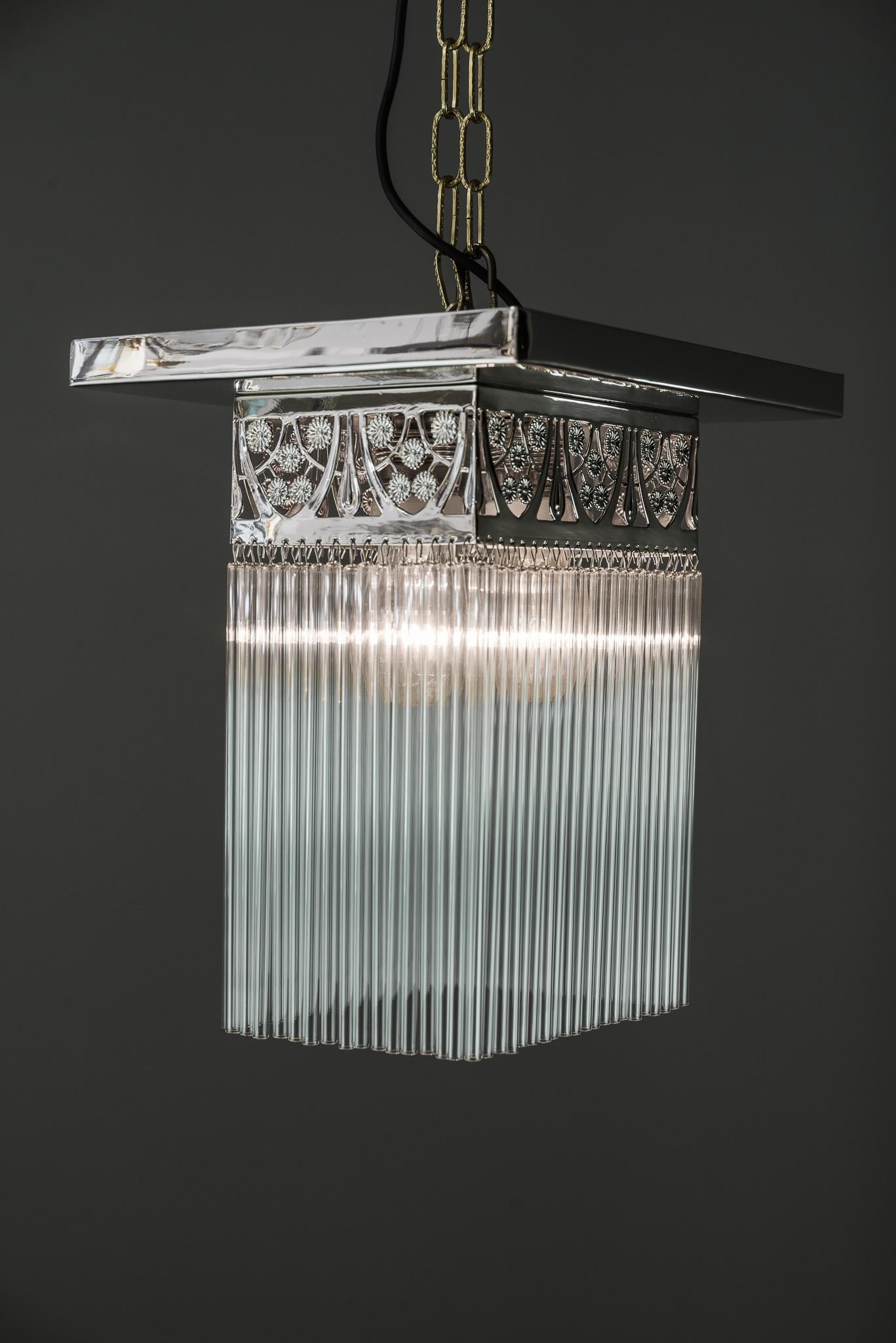 Rectangular Jugendstil Nickel-Plated Ceiling Lamp with Glass Sticks 5
