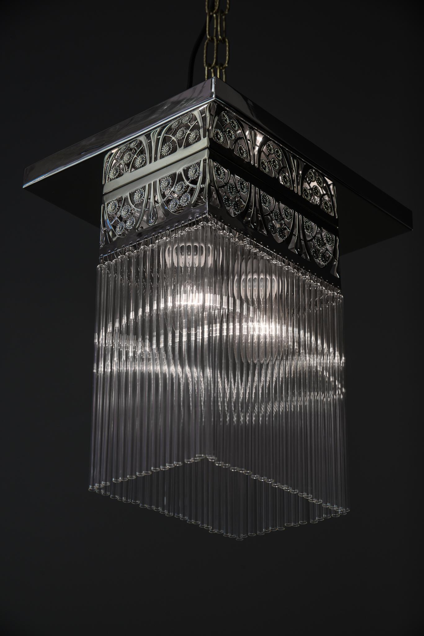 Rectangular Jugendstil Nickel-Plated Ceiling Lamp with Glass Sticks 6
