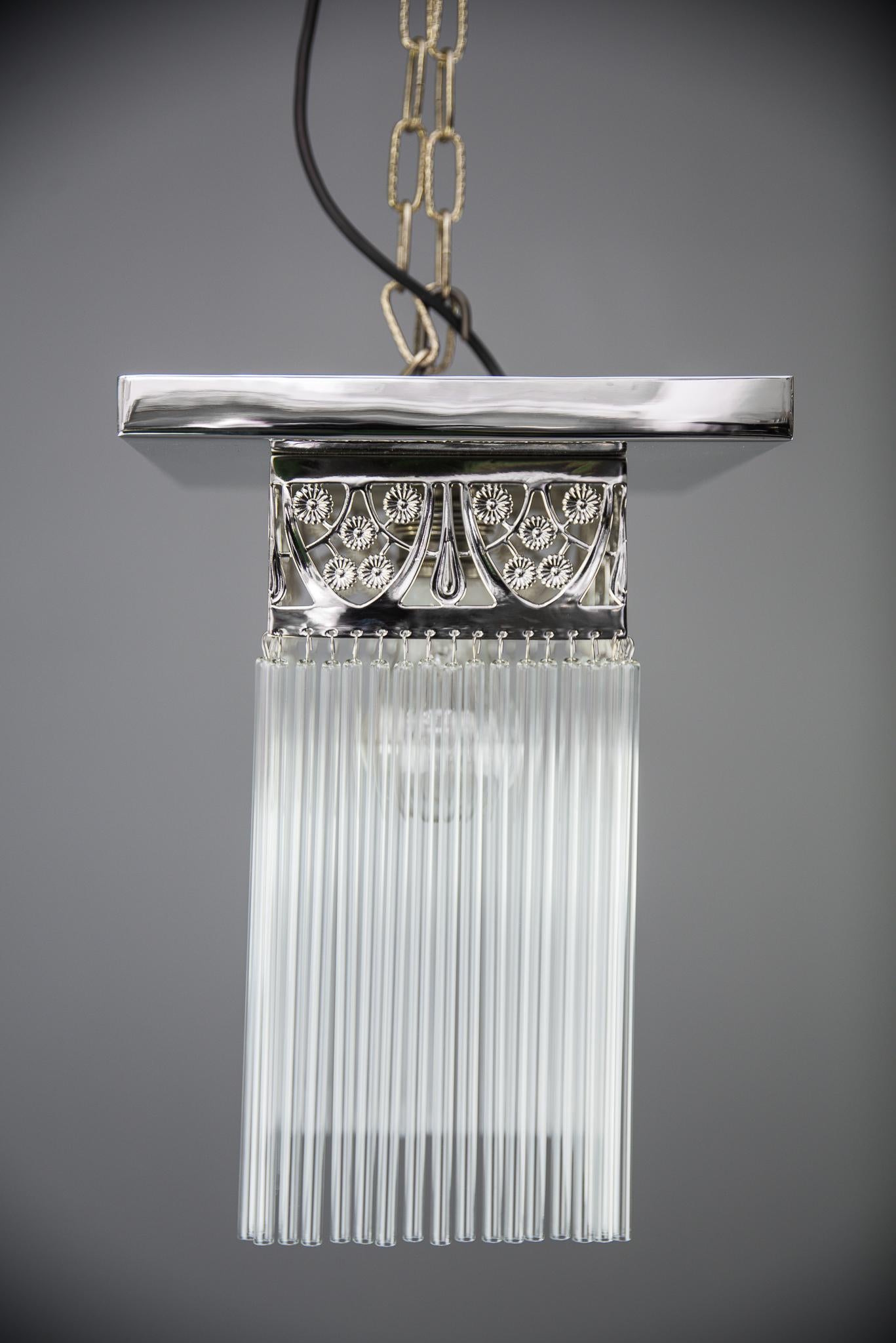 Art Deco Rectangular Jugendstil Nickel-Plated Ceiling Lamp with Glass Sticks