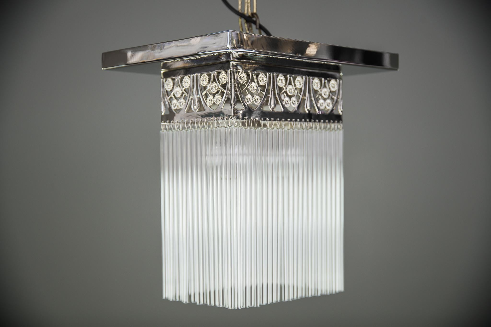 Austrian Rectangular Jugendstil Nickel-Plated Ceiling Lamp with Glass Sticks