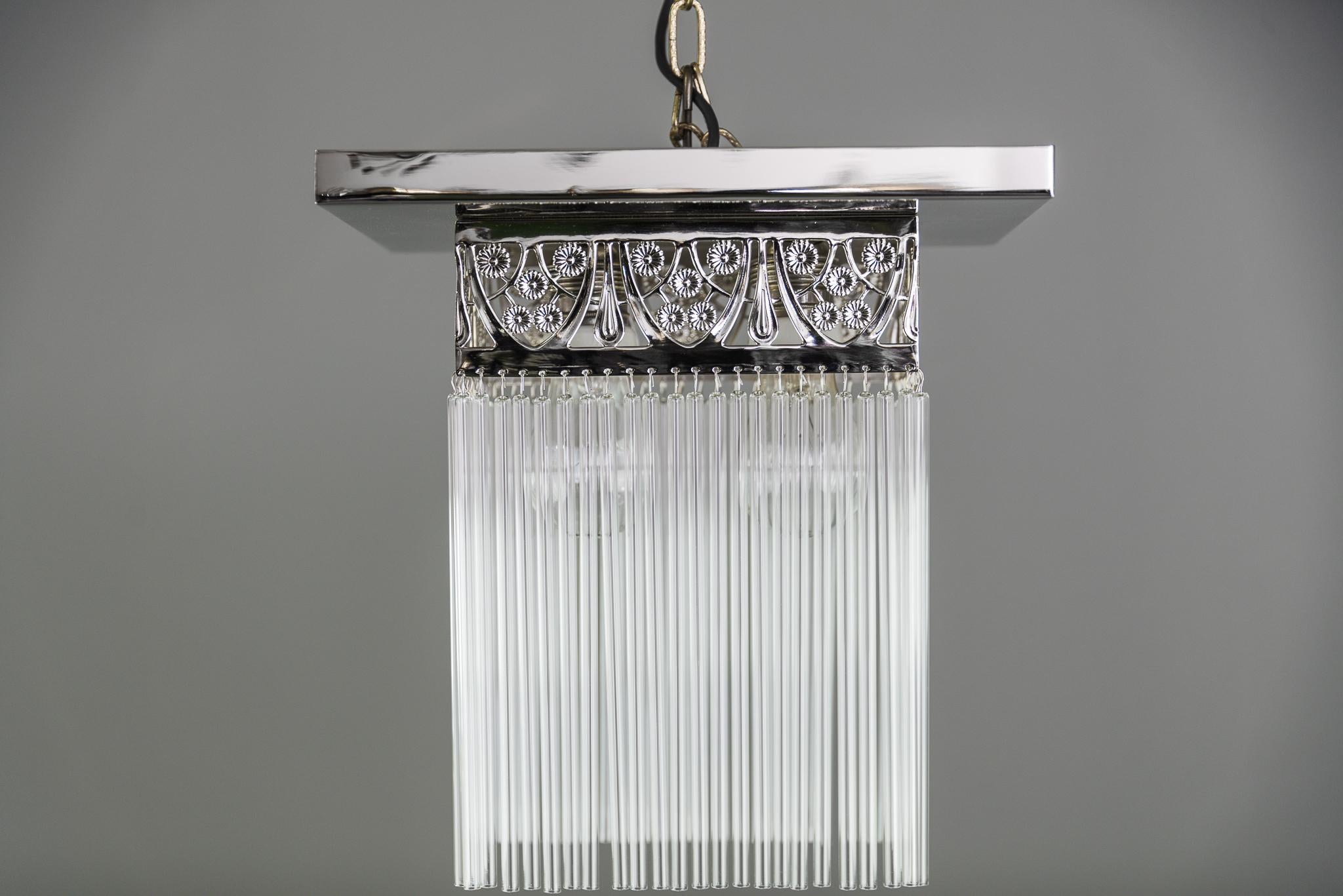 Rectangular Jugendstil Nickel-Plated Ceiling Lamp with Glass Sticks In Good Condition In Wien, AT