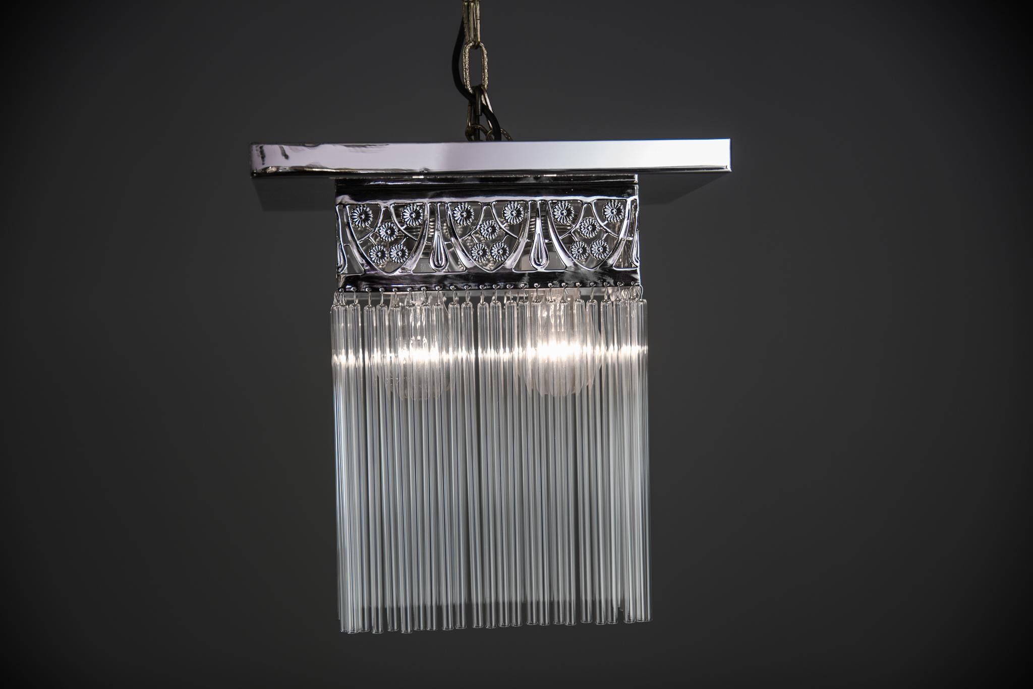 Early 20th Century Rectangular Jugendstil Nickel-Plated Ceiling Lamp with Glass Sticks