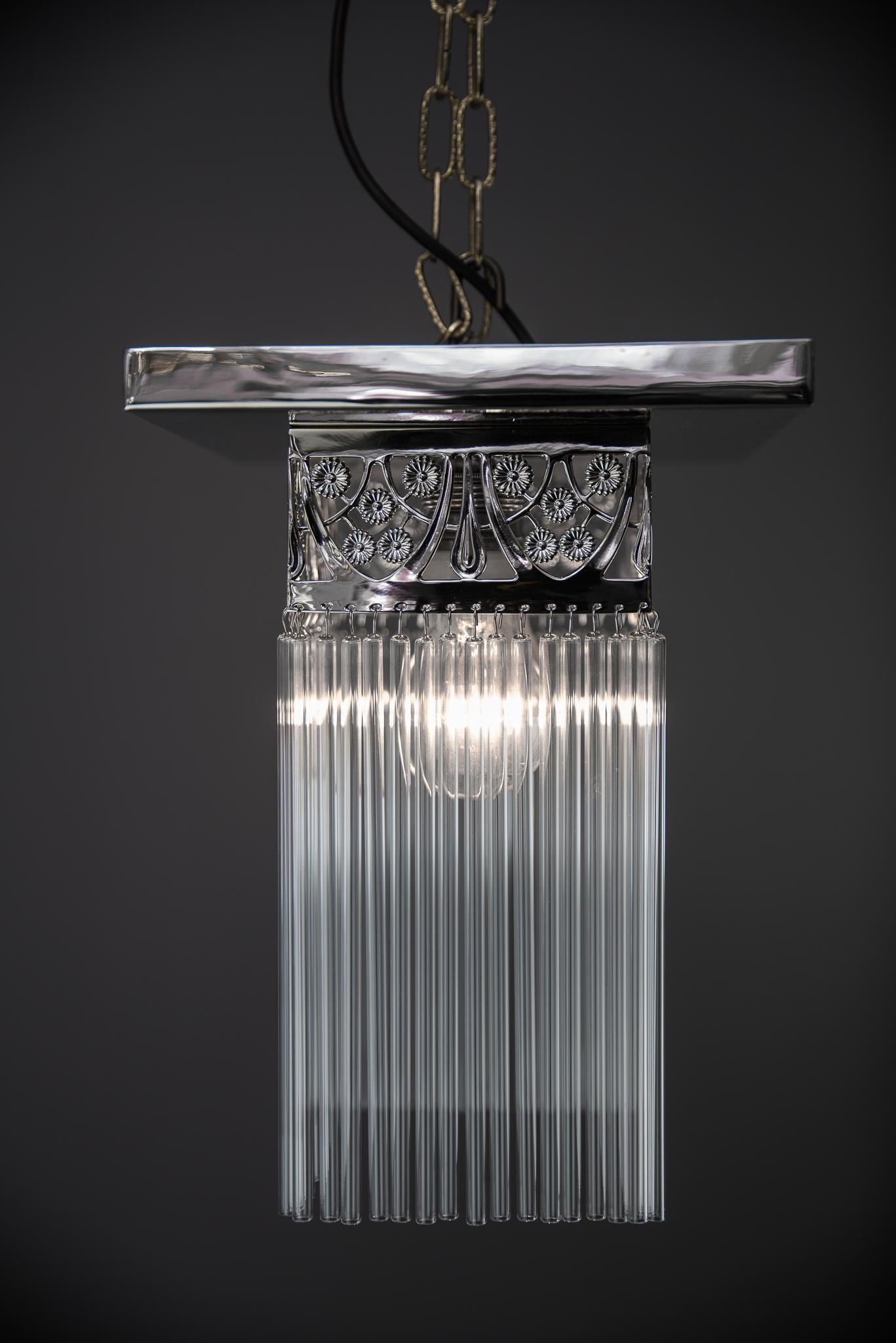 Brass Rectangular Jugendstil Nickel-Plated Ceiling Lamp with Glass Sticks