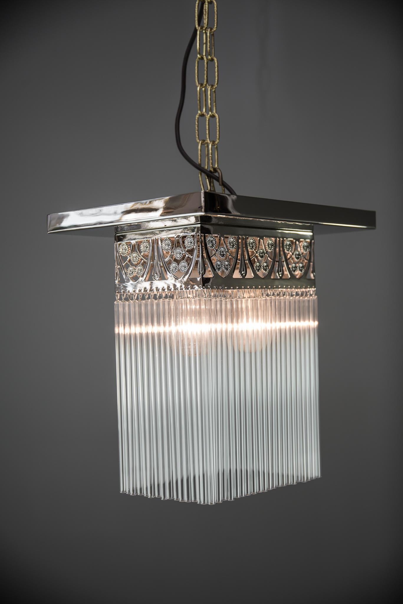 Rectangular Jugendstil Nickel-Plated Ceiling Lamp with Glass Sticks 1