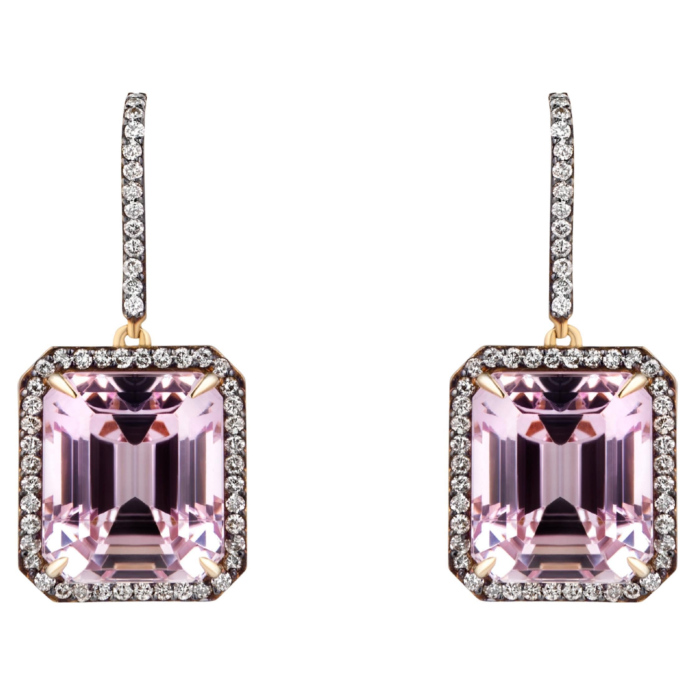 Rectangular Kunzite And Diamonds Hook Halo Earrings / 18k Yellow Gold