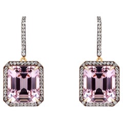 Rectangular Kunzite And Diamonds Hook Halo Earrings / 18k Yellow Gold