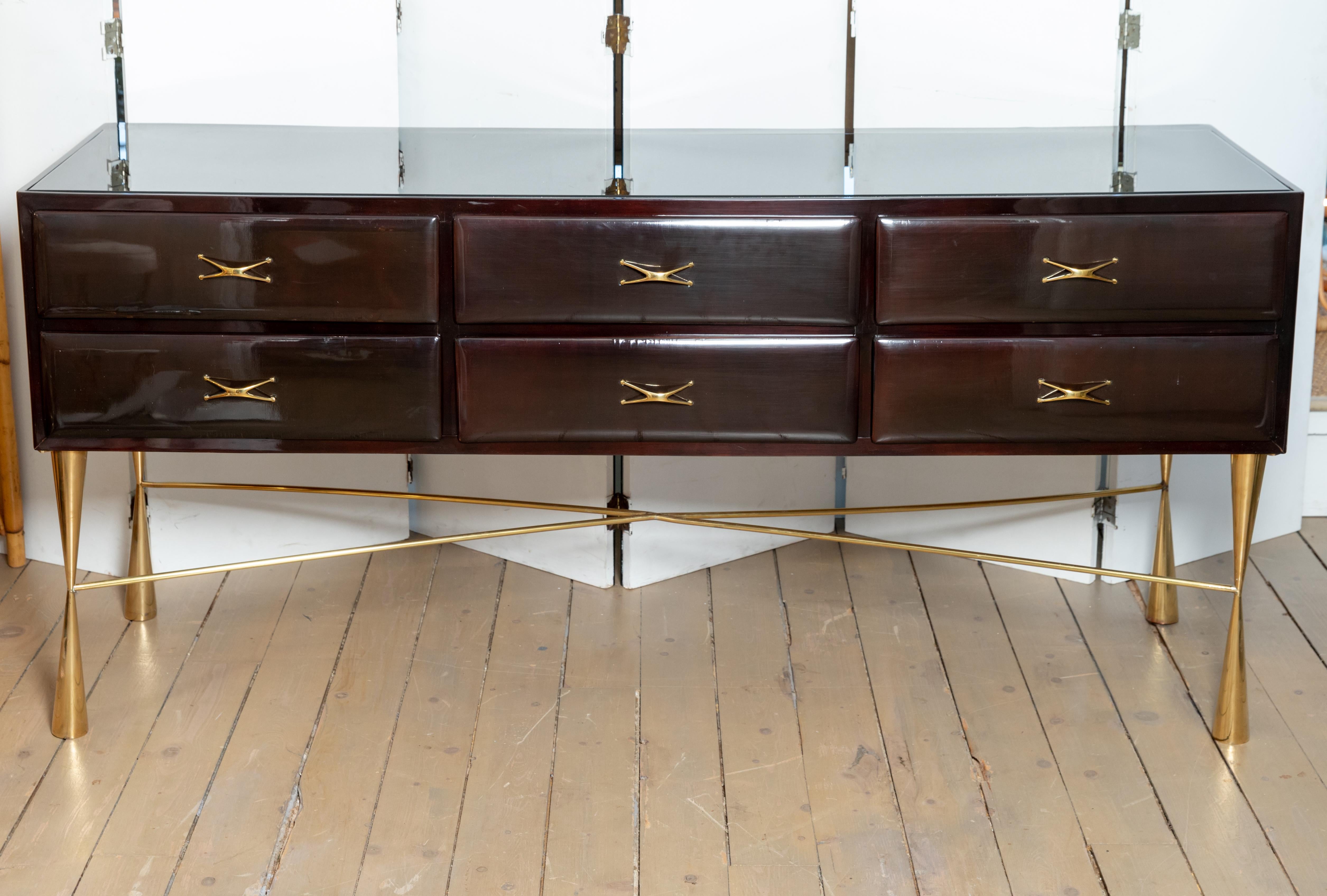 Mid-Century Modern Rectangular Lacquered Wood and Brass Six-Drawer Console with Glass Top