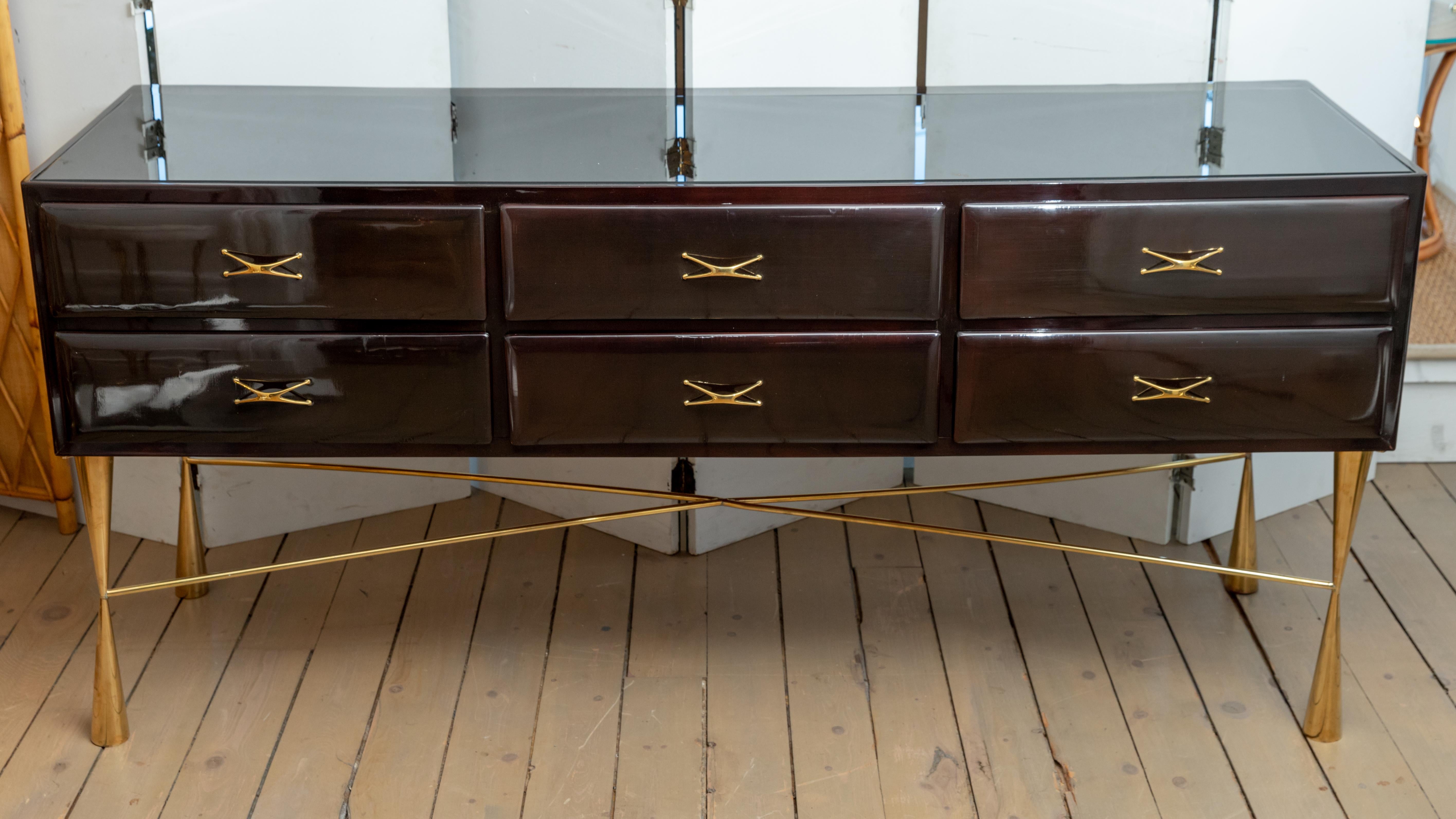 Rectangular Lacquered Wood and Brass Six-Drawer Console with Glass Top In Good Condition In Bridgehampton, NY