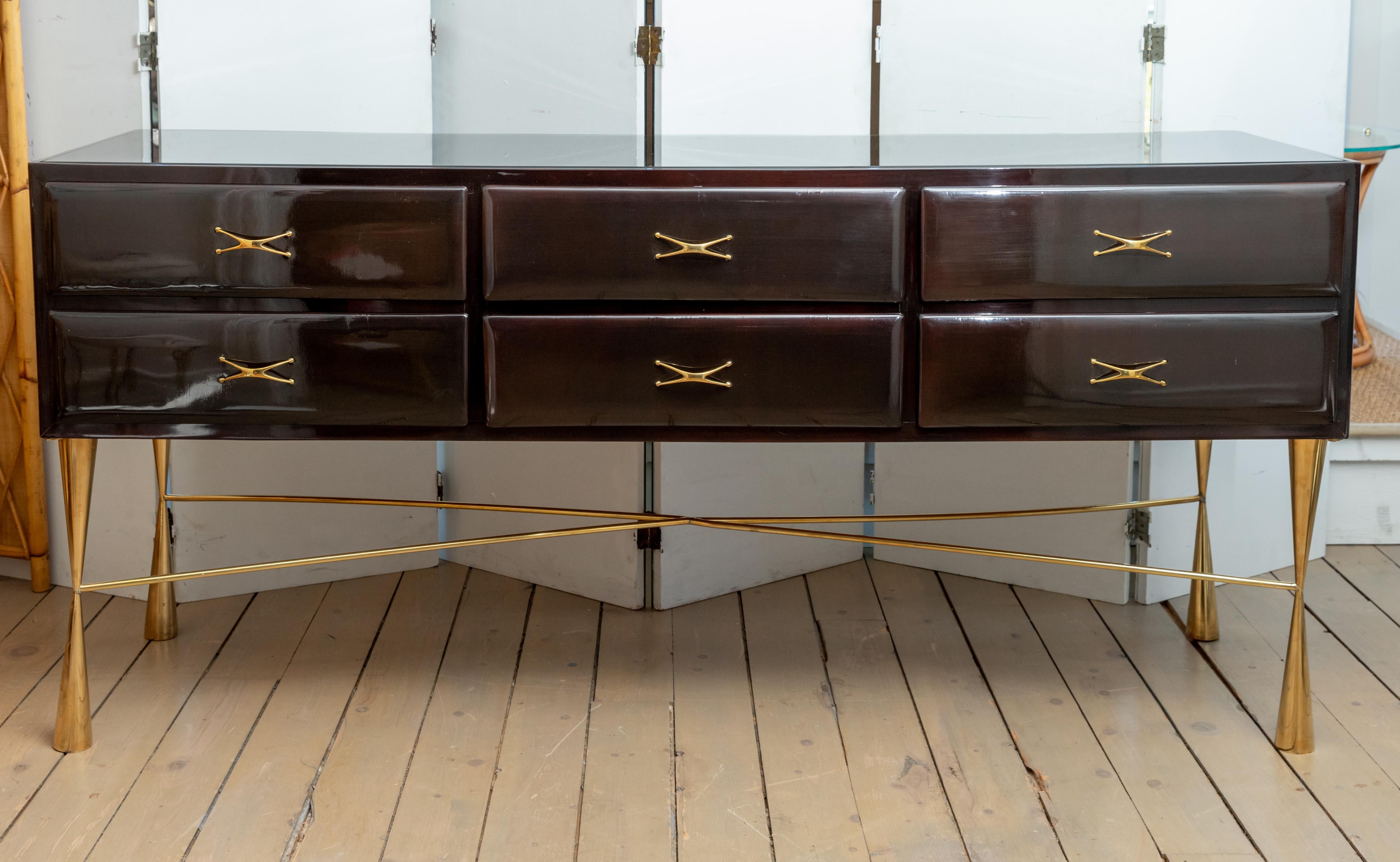20th Century Rectangular Lacquered Wood and Brass Six-Drawer Console with Glass Top