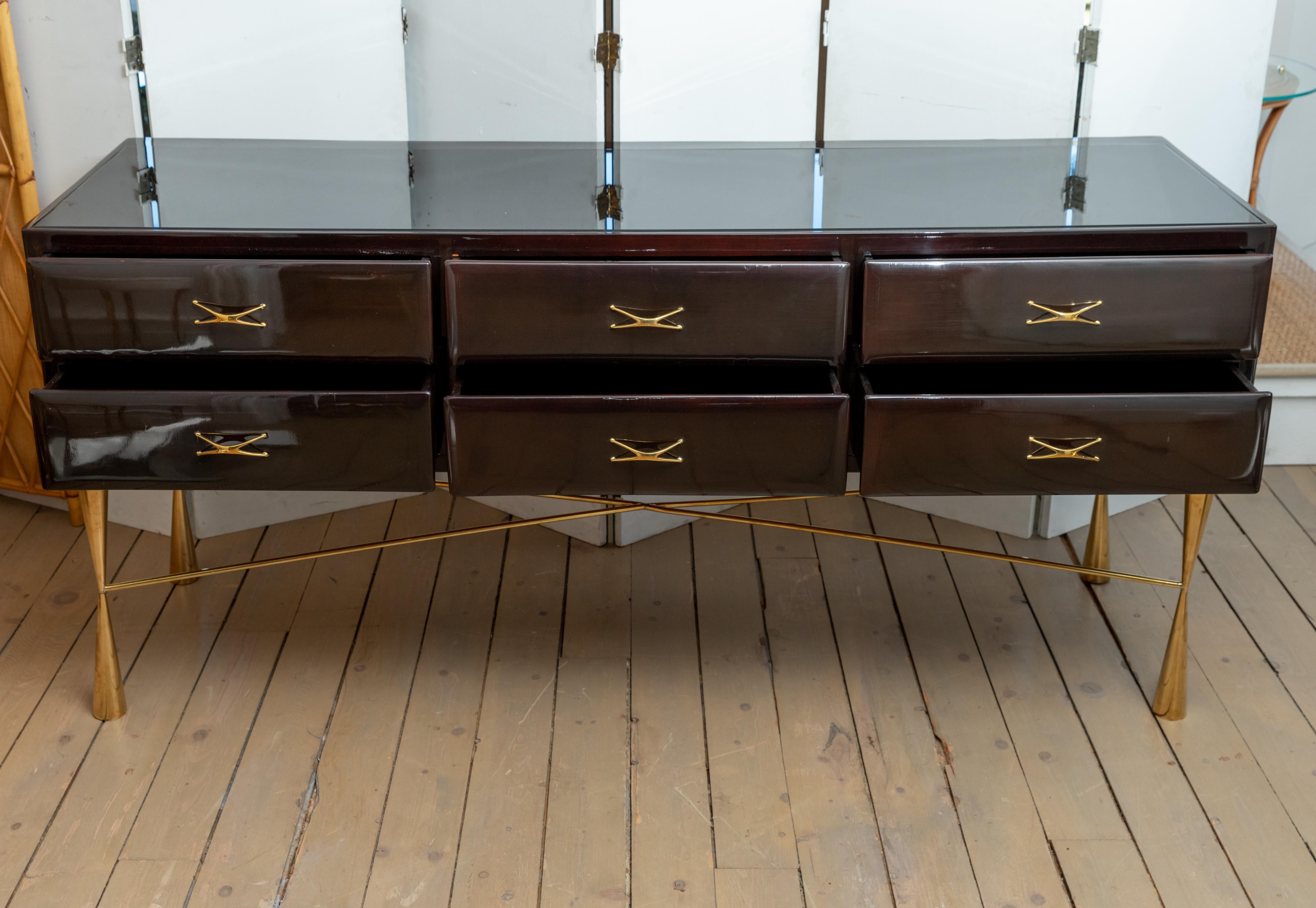 Rectangular Lacquered Wood and Brass Six-Drawer Console with Glass Top 1