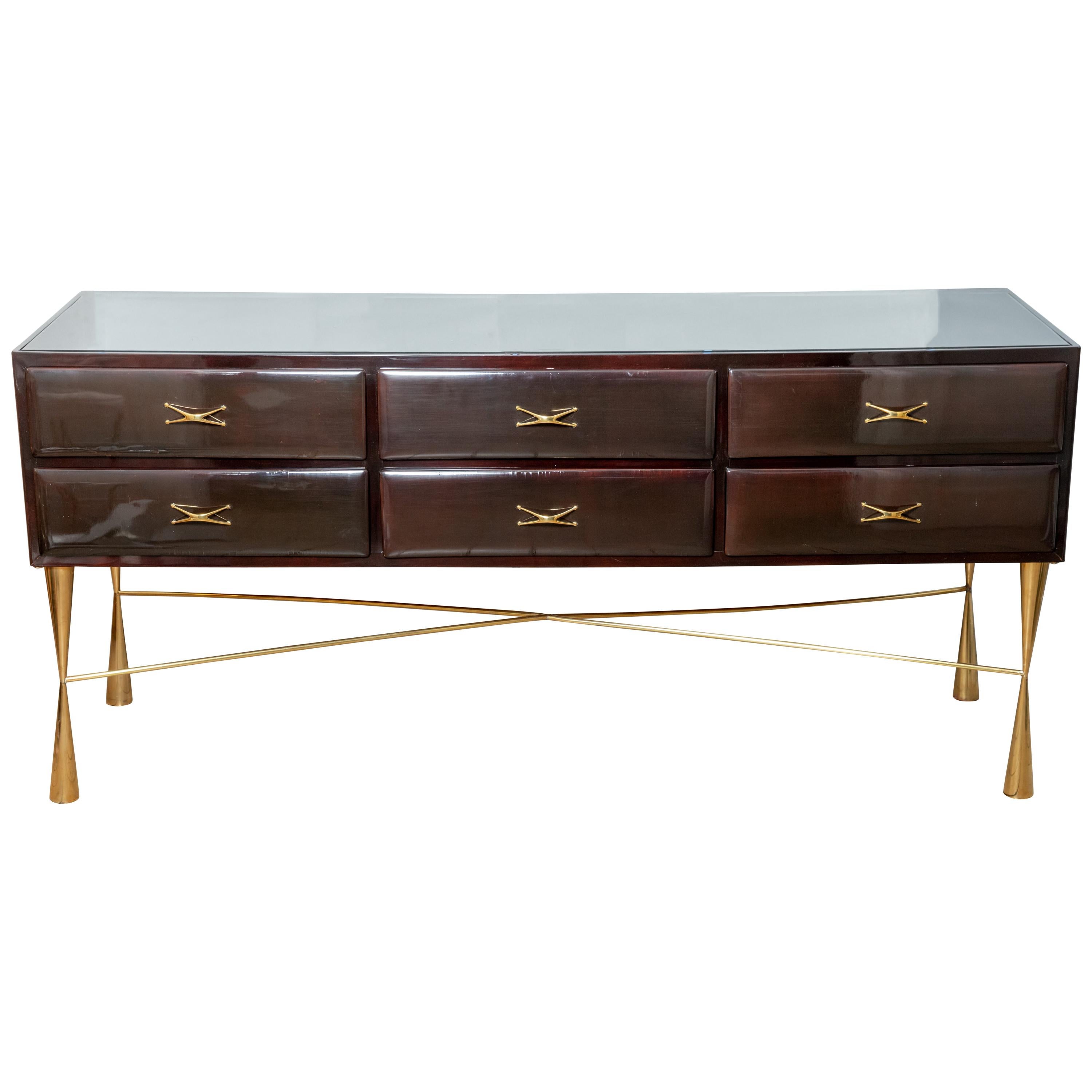 Rectangular Lacquered Wood and Brass Six-Drawer Console with Glass Top