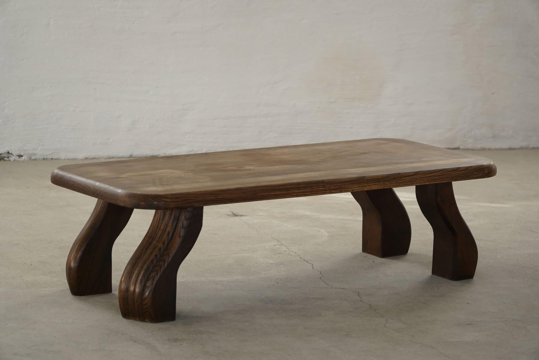 Rectangular Low Brutalist Coffee Sofa Table in Solid Oak, French Modern, 1970s 5
