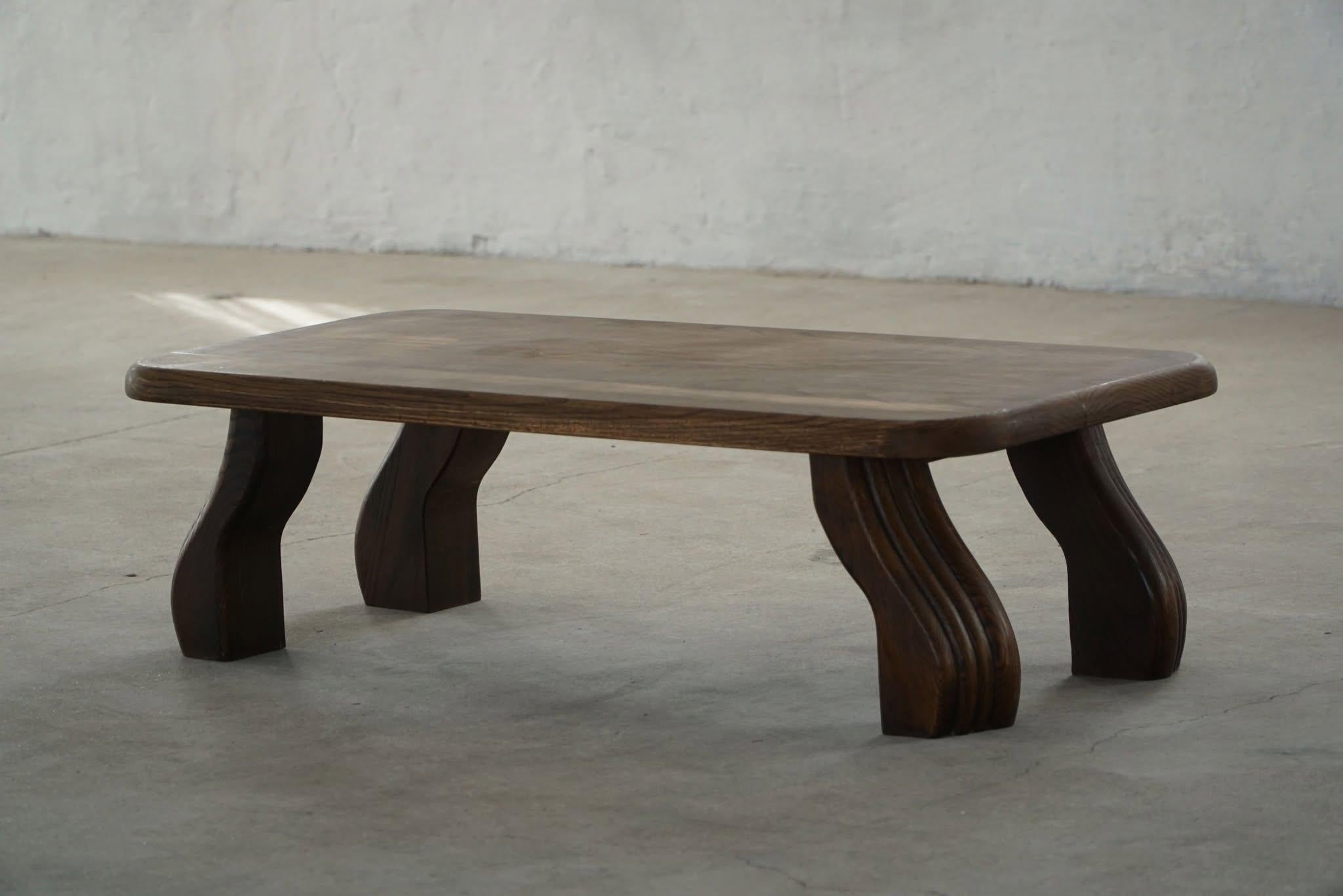Rectangular Low Brutalist Coffee Sofa Table in Solid Oak, French Modern, 1970s 7