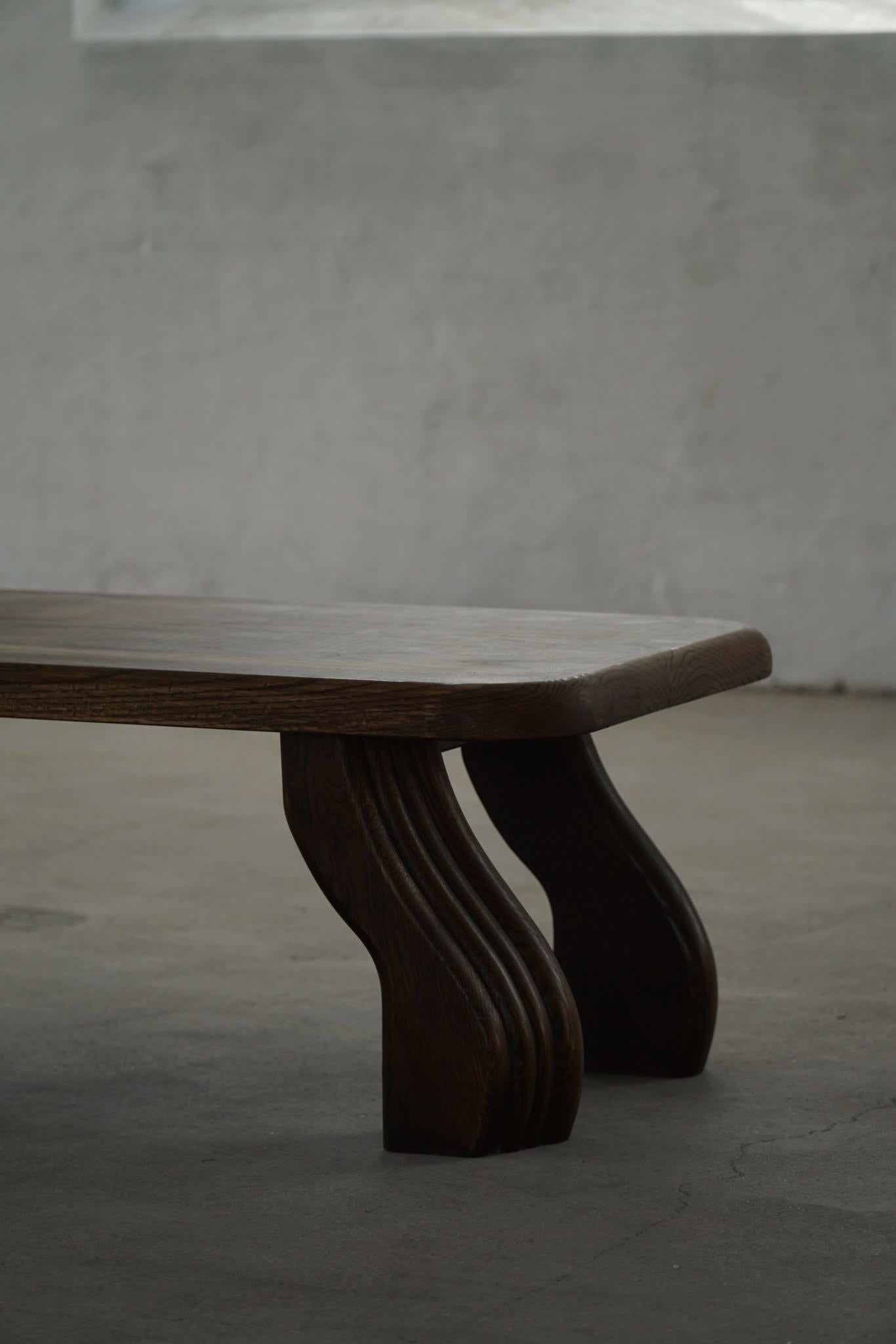 Rectangular Low Brutalist Coffee Sofa Table in Solid Oak, French Modern, 1970s 8