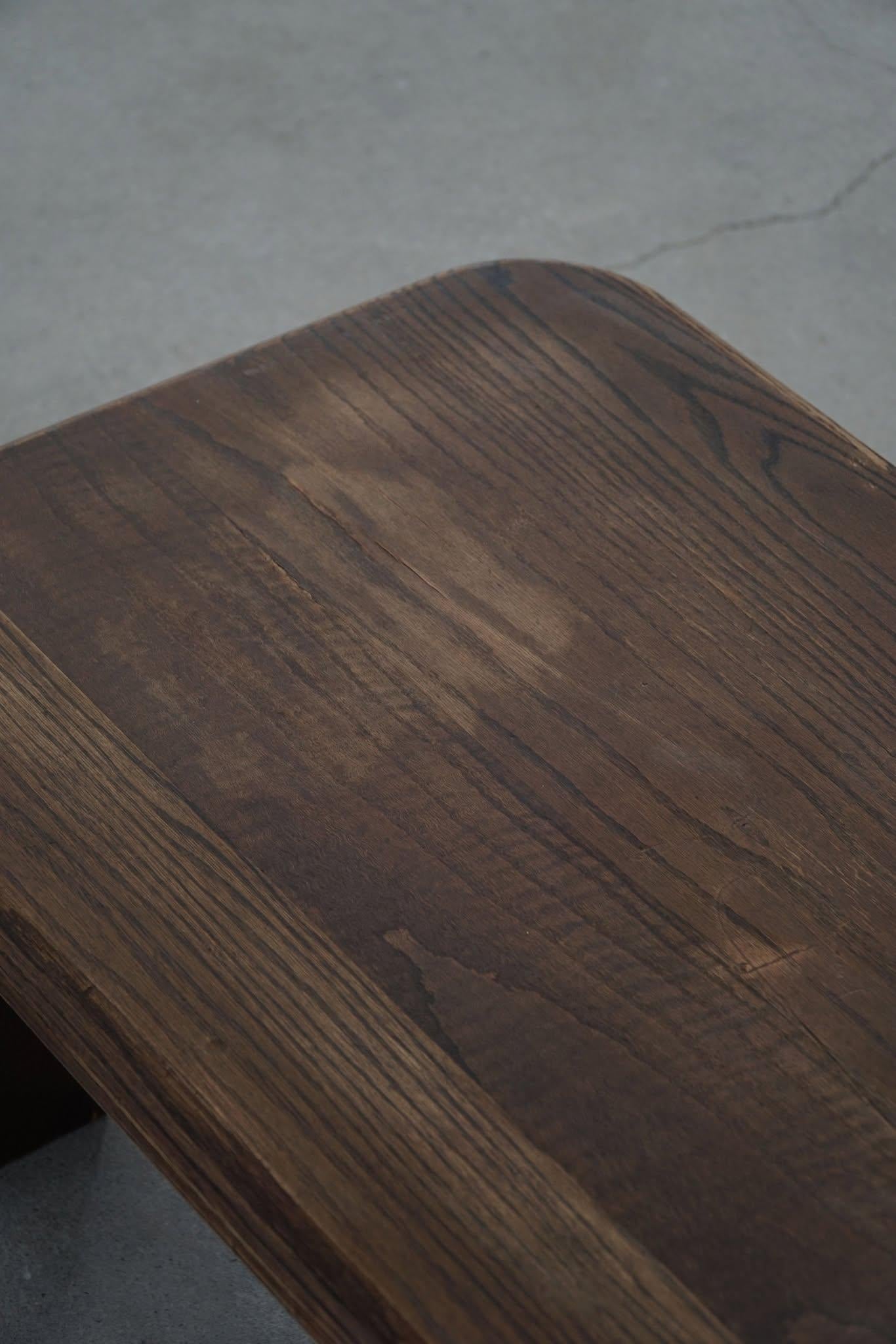 Rectangular Low Brutalist Coffee Sofa Table in Solid Oak, French Modern, 1970s 9
