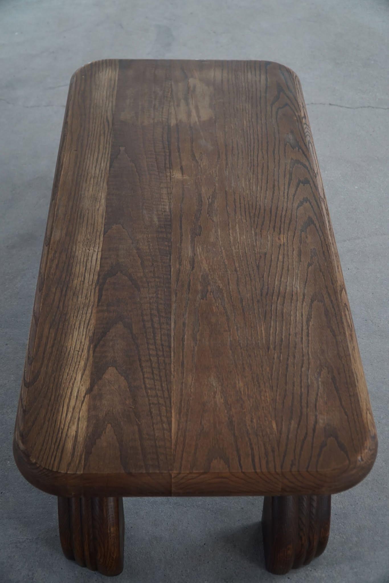 Rectangular Low Brutalist Coffee Sofa Table in Solid Oak, French Modern, 1970s 10