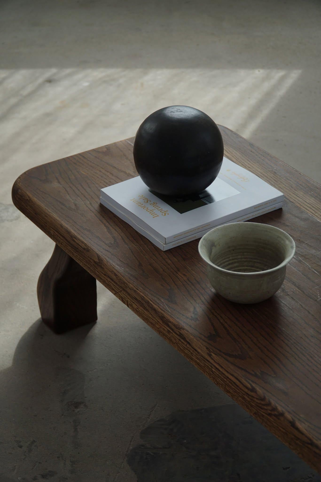 Hand-Crafted Rectangular Low Brutalist Coffee Sofa Table in Solid Oak, French Modern, 1970s