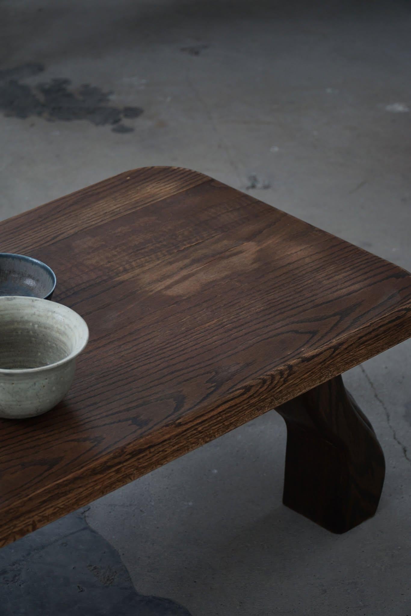 20th Century Rectangular Low Brutalist Coffee Sofa Table in Solid Oak, French Modern, 1970s