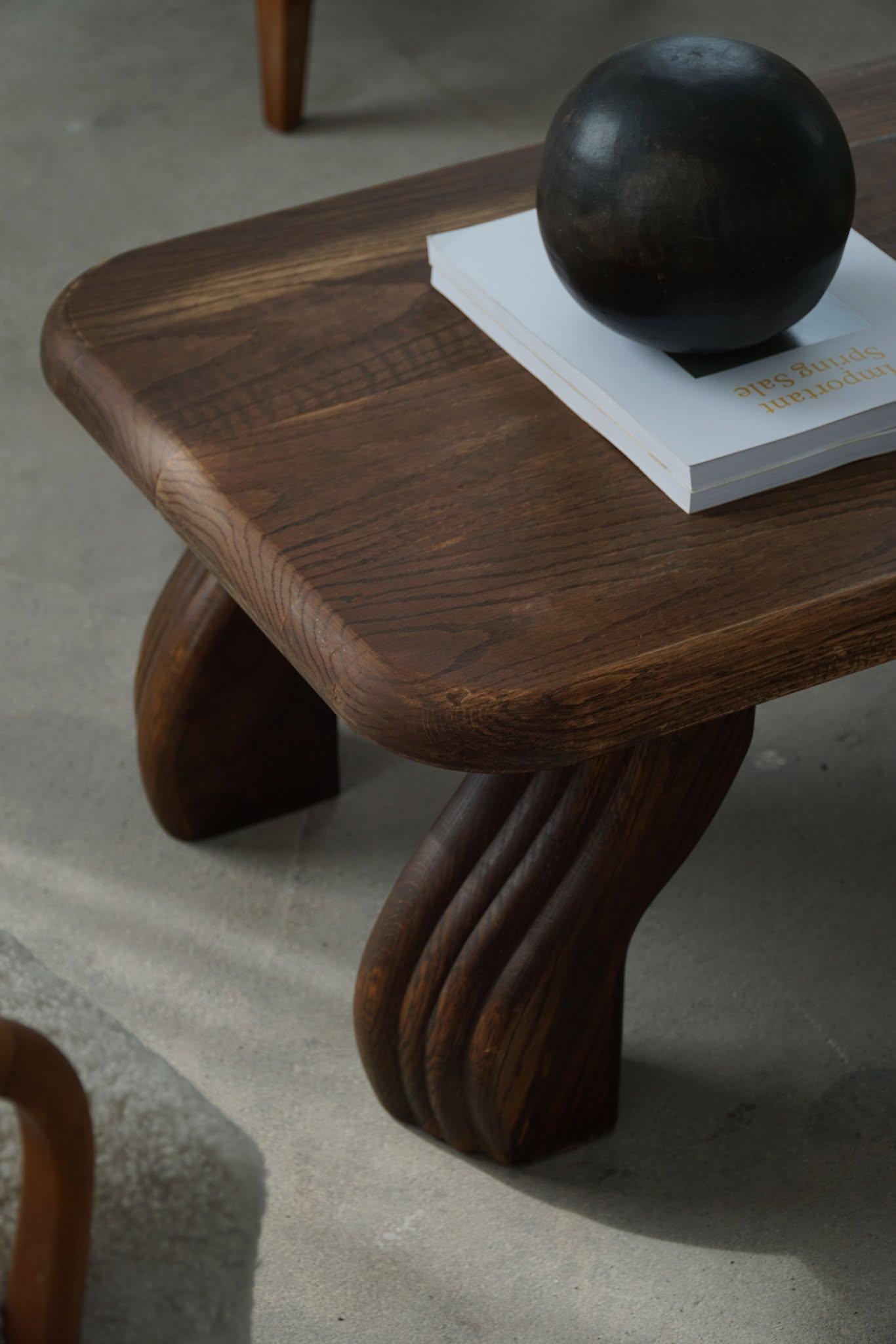 Rectangular Low Brutalist Coffee Sofa Table in Solid Oak, French Modern, 1970s 1
