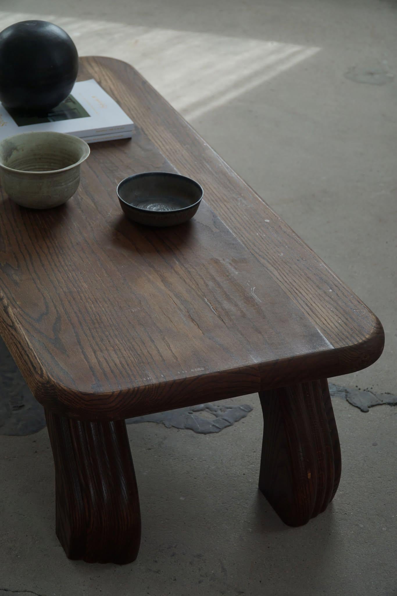 Rectangular Low Brutalist Coffee Sofa Table in Solid Oak, French Modern, 1970s 2