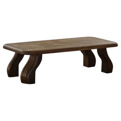 Rectangular Low Brutalist Coffee Sofa Table in Solid Oak, French Modern, 1970s