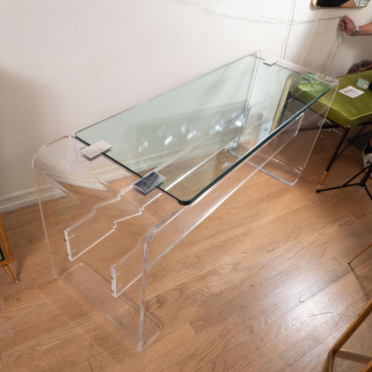 Rectangular lucite and glass waterfall console
