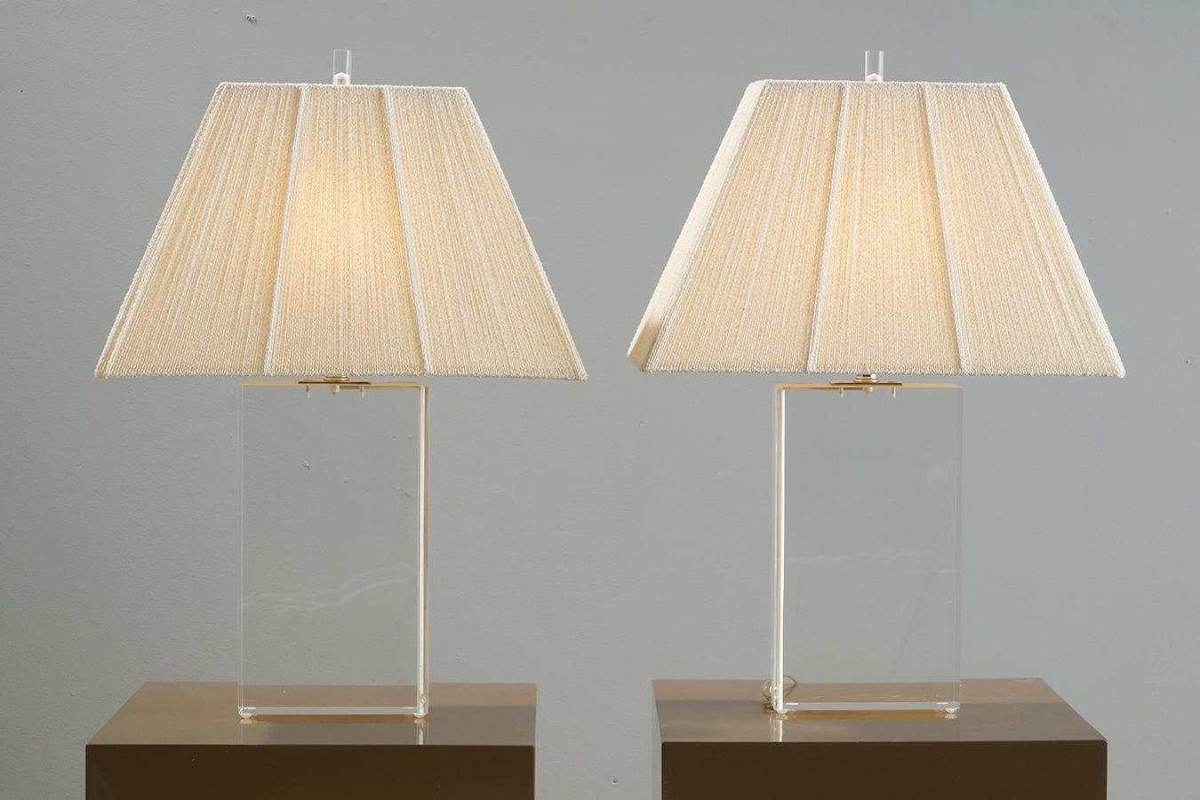 Rectangular Lucite Lamps with Original String Shades  In Good Condition In Greensboro, NC
