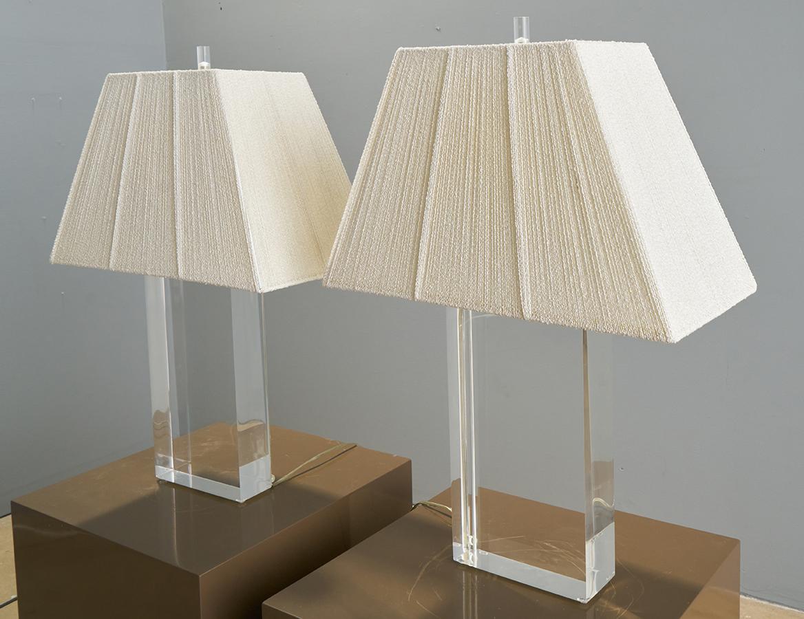 Acrylic Rectangular Lucite Lamps with Original String Shades 