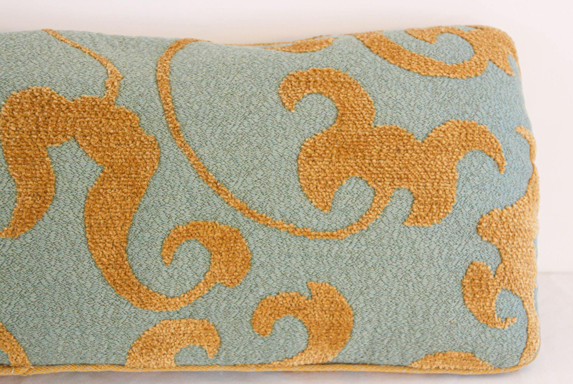 Rectangular Lumbar Teal Blue Pillow Modern Chenille Teal and Gold Color Cushion In Good Condition In North Hollywood, CA