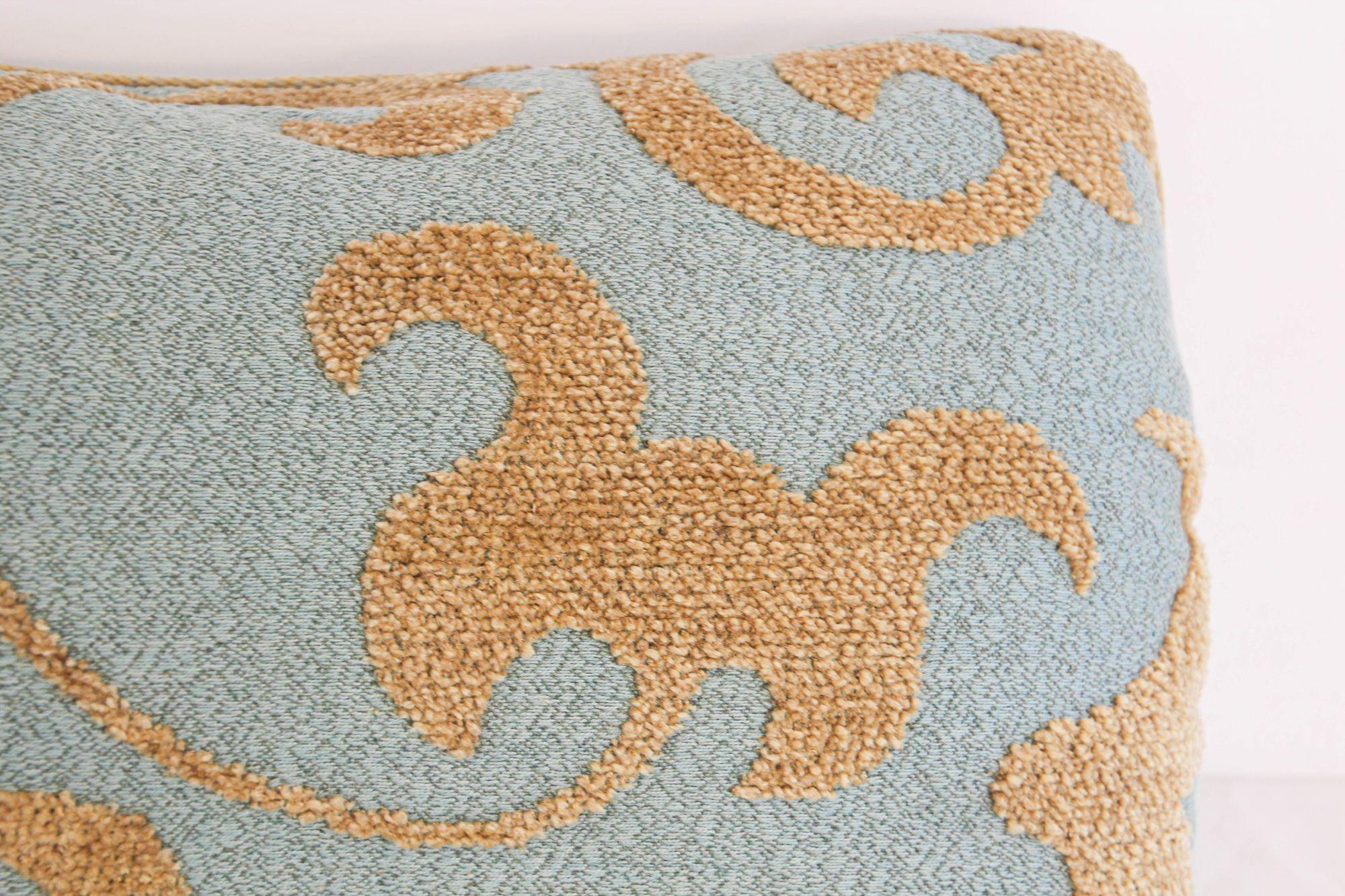 Fabric Rectangular Lumbar Teal Blue Pillow Modern Chenille Teal and Gold Color Cushion