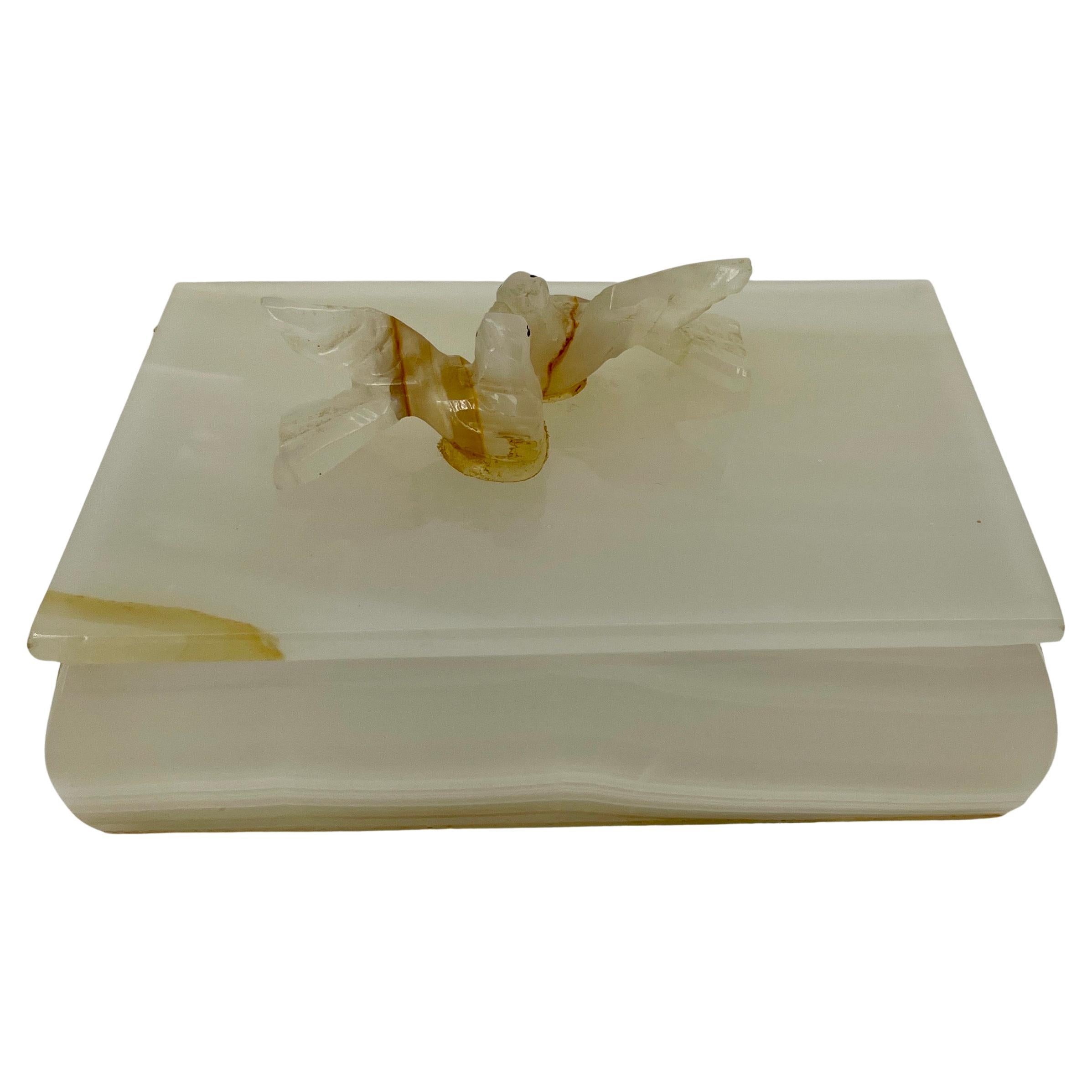 Small Italian Rectangular Trinket Box with Two Carved Cuddling Love Birds On the Lid.