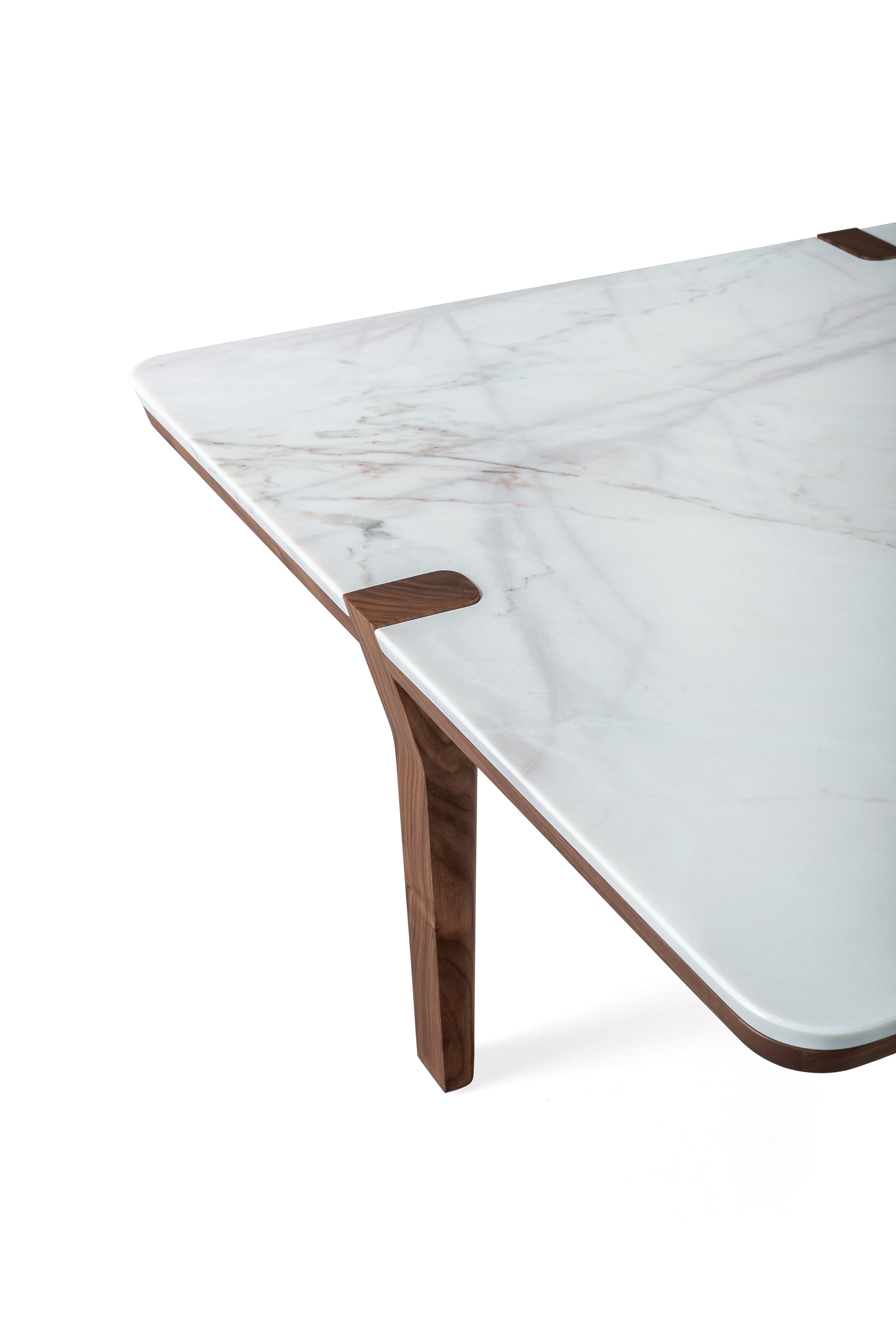 Scandinavian Modern Rectangular White Marble Walnut Center Coffee Table