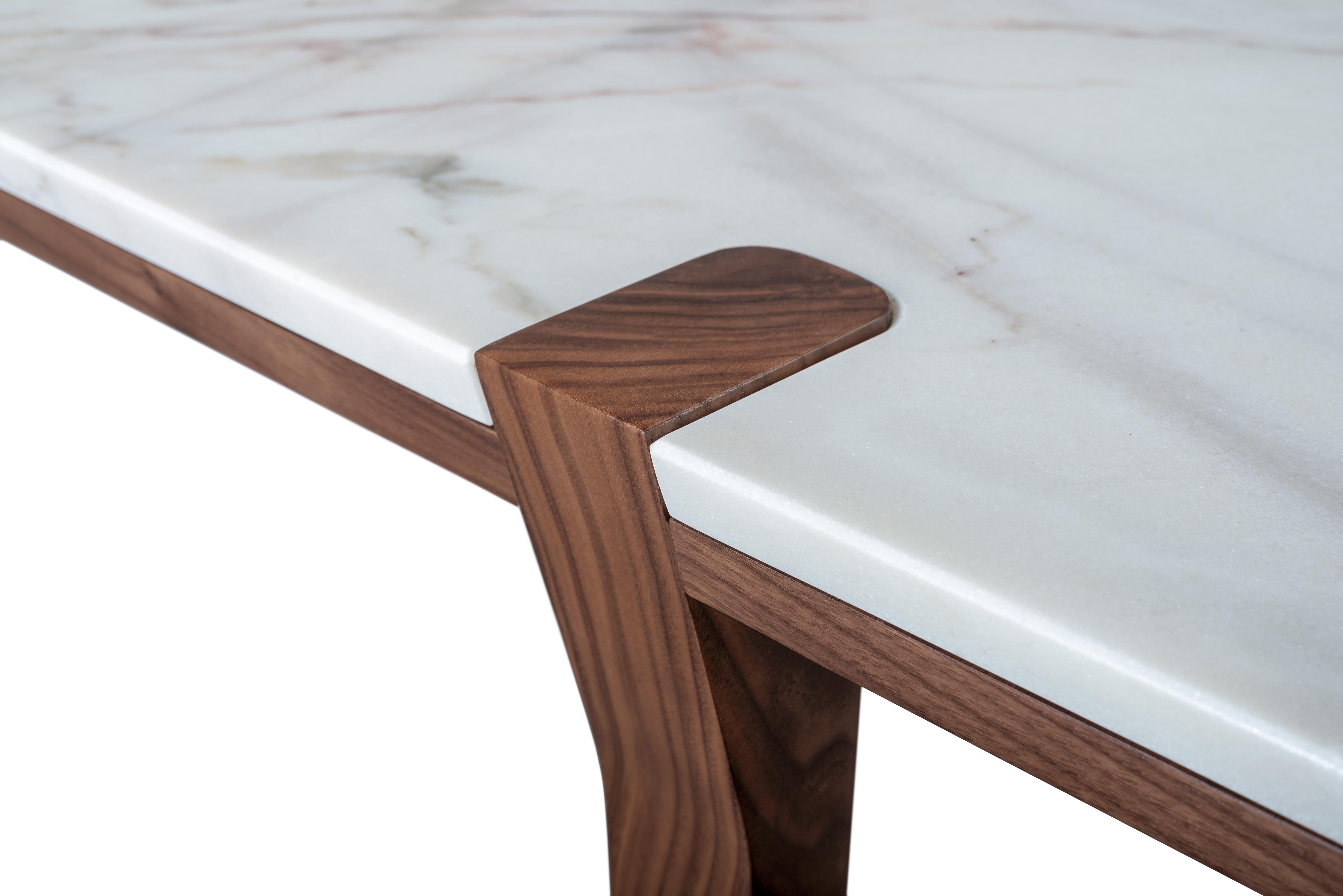 Scandinavian Modern Rectangular Medium size White Marble and Walnut Center Coffee Table For Sale