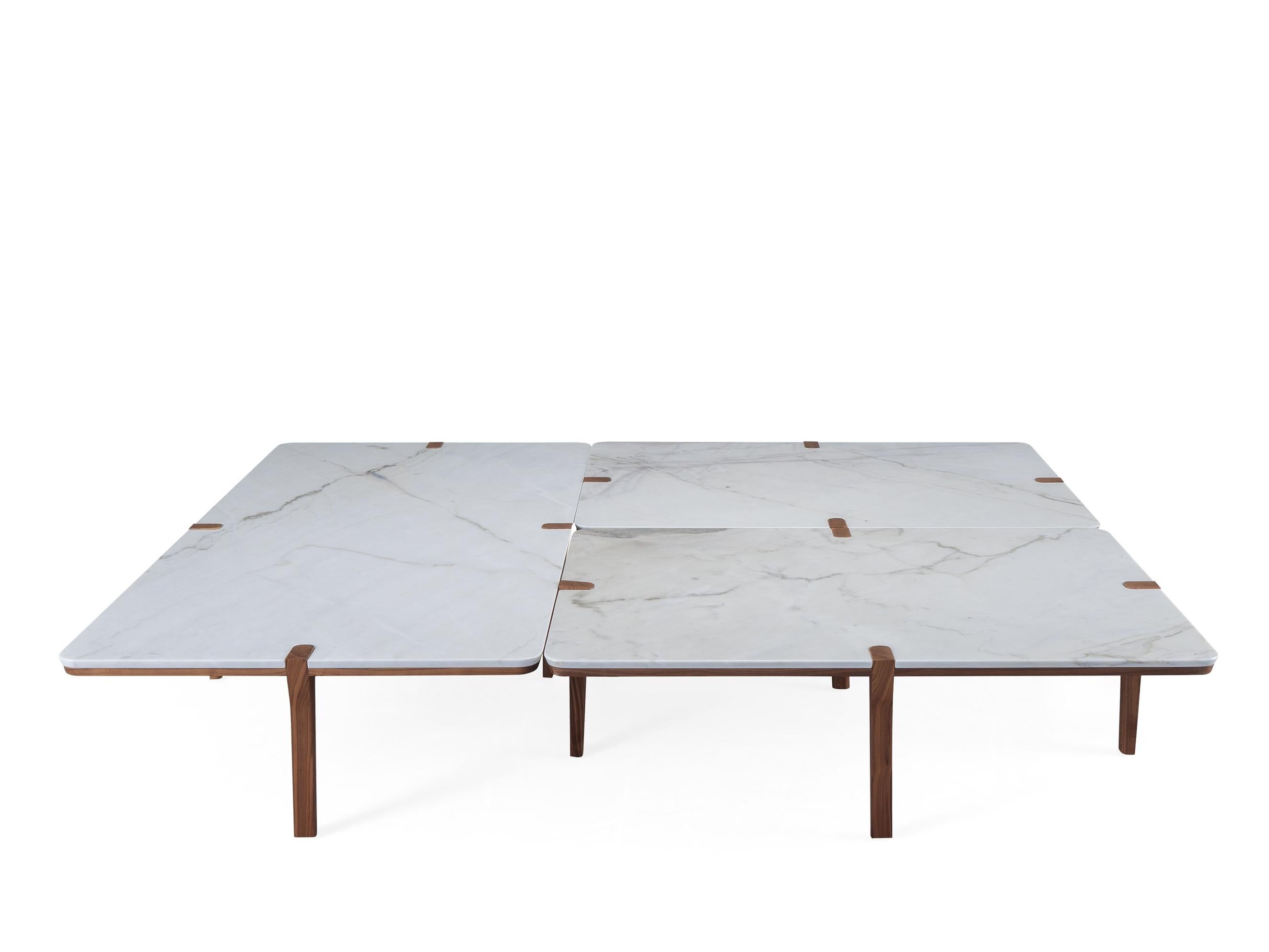 Contemporary Rectangular Medium size White Marble and Walnut Center Coffee Table For Sale