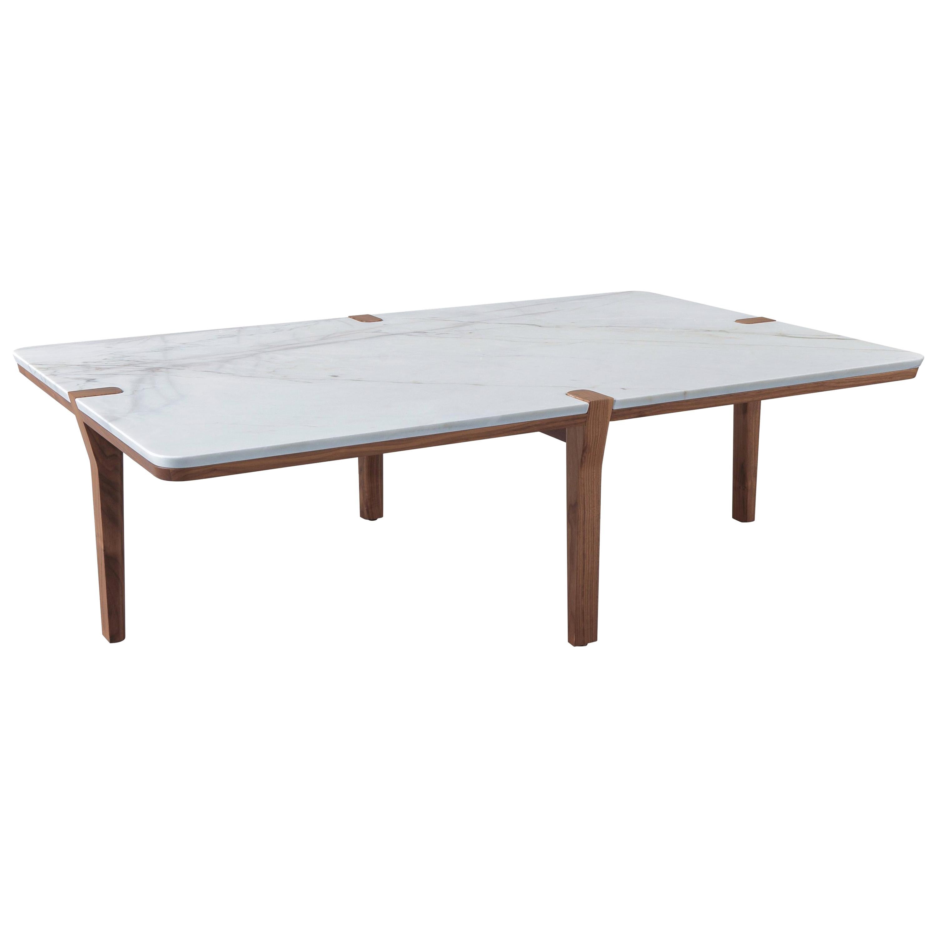 Table basse rectangulaire de taille moyenne en marbre blanc et noyer
